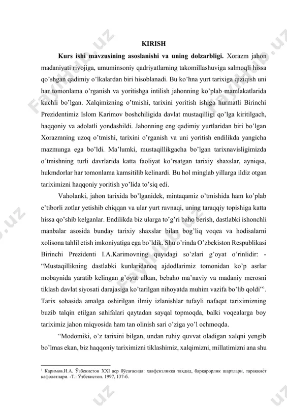 ujudga keladi. bu tarixiy asarlarda xiva xonligining xalqaro munosabatlari, ichki va tashqi siyosati va xonlikning qo’shini, harbiy va mudofaa tizimi haqida qimmatli ma’lumotlar berilgan. ushbu fikr va mulohazalardan kelib chiqib aytish mumkinki, boy o’tmishning to’la yoritilmagan mo’jaz bir qismi - xiva xonligining ijtimoiy - siyosiy jarayonlar bo’lib, uni ilmiy va xolis o’rganish va birlamchi yozma manbalar asosida tahlil etish ushbu kurs ishining oldida turgan dolzarb vazifalar sirasiga kiradi. tadqiqotning mavzusining obyekti. xiva xonligida ichki va tashqi siyosiy tizimi o’rganish hisoblanadi. tadqiqotning mavzusining predmeti. xiva xonligidagi tashkil topishi, xonlikda ijtimoiy – siyosiy jarayonlar, qo’shni davlatlar bilan olib borgan siyosiy aloqlari mavzu bo’yicha olib borilgan tadqiqotlar va chop etilgan adabiyotlarning tahlili va mavzuni o’qitishning ta’lim texnologiyalaridan iborat. tadqiqotning usullari: tarixiylik, tizimlashtirish, qiyosiy, muammoviy-xronologik hamda fanlararo yondashuv kabi ilmiy tadqiqot usullari hamda xolislik tamoyillaridan foydalanildi. tadqiqotning ilmiy yangiligi quyidagilardan iborat: xorazmda xviii-xix aslarda hukumronlik qilgan sulolarning, ichki va tashqi aloqalarning olib borilishini ilmiy …