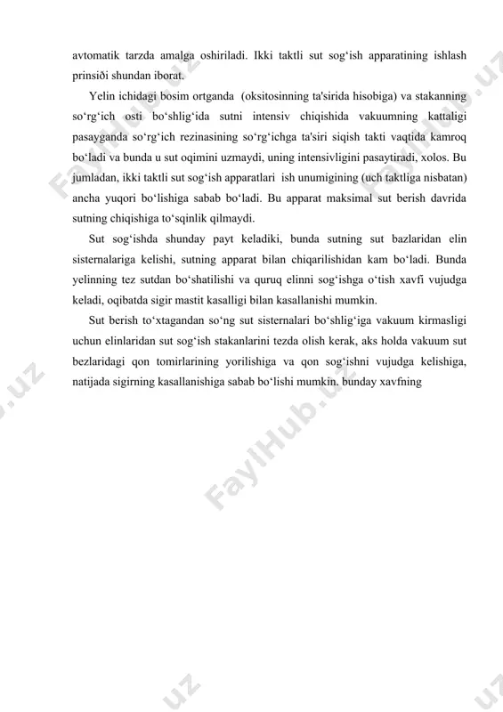 di. stakanga havo kirishi bilan sut chiqishi to‘xtaydi va elin so‘rg‘ichlarini dastlabki holatiga qaytaradi-dam olish takti. “stimul” sut sog‘ish apparati shu prinsiðda ishlaydi. sut sog‘ish apparatlarini ishlatish. sut sog‘ish apparatlari yig‘iq holida pulsatsiyalanish chastotasiga rostlanadi. odatda, eng kam pulsatsiyalanish soniga mo‘ljallab rostlash tavsiya etiladi. shunday qilinganda sigirlarda salbiy reaksiya hosil qilinmaydi va stakanlarning yelinlardan tushib ketishga olib kelmaydi. sut sog‘ish apparatlarini qismlarga ajratish va yig‘ishda barcha operatsiyalarni belgilangan tartibda sinchiklab bajarish talab etiladi. mashinada sog‘ish natijasi yig‘ish sifatiga bog‘liq. palapartish yig‘ish paytida sog‘ish to‘xtashlarga olib kelishi mumkin. bu esa sog‘ishga salbiy ta’sir etadi. apparaturaning puxta ishlashi, ko‘pga chidamliligi va sutning sifati quyidagi texnik xizmat ko‘rsatish qoidalarining bajarilishiga bog‘liq: — sog‘ishdan oldin sut sog‘ish apparatlarini, tasodifiy ifloslanishlarning oldini olish uchun, issiq suv (80—90°c) bilan yuvib tashlash va sog‘ish stakanlarini isitish (36—38°c) kerak, shunda sut berish yaxshilanadi; — sog‘ishdan oldin sut sog‘ish apparati ishini optimal pulsatsiyalanish soniga sinchiklab rostlash lozim; — sog‘ish …