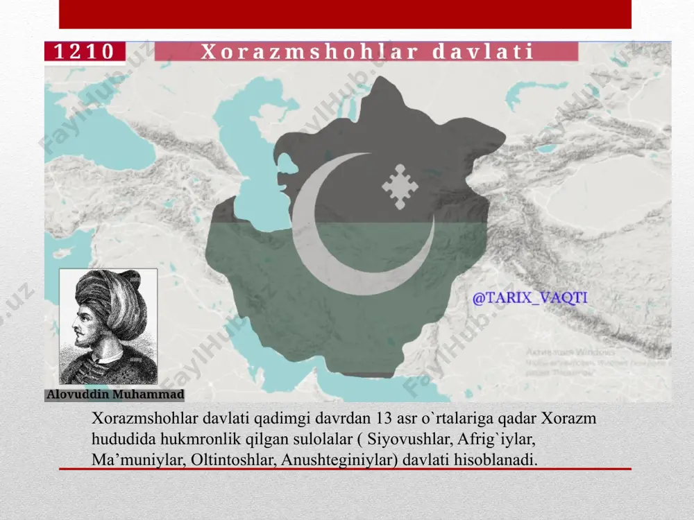 tayanib boshqargan. viloyat hokimi shahar hokimi qishloq hokimi muzofot hokimi bundan tashqari mahalliy boshqaruvda quyidagi amaldorlar ham faoliyat yuritgan mutassarruf –moliya va xiroj ishlarini boshqargan. mirob –suv taqsimoti bilan shug`ullangan omil –xiroj yig`uvchi amaldor xorazmshohlar davlati tashkil topgandan inqirozigacha muntazam qo`shinga ega bo`lgan. davlatda majburiy umumxalq harbiy talimi joriy etilgan. manbalarning ma’lumot berishicha qo`shinlar soni o`zgarib turgan. masalan 1218-yilda xorazmshoh qo`shinlari soni 150 ming otliq askar va 100 ming piyoda askardan iborat bo`lgan. xorazmshohlar davlatida harbiy mansablar oliy bosh qo`mondon qoid yoki muqaddam deb nomlangan zabt etilgan hududlar noibi ( harbiy noib) amir-al umaro 10 ming suvoriy qo`shin qo`mondoni malik. bazi maliklarga jasorati uchun “xon” unvoni berilgan. qo`shinda choparlar –chovush . choparlar boshlig`i esa –muqaddam chovushiya deb atalgan maxshus xufiya va ayg`oqchilar bo`linmasi esa –josusiya deb atalgan foydalanilgan adabiyotlar b. eshov o`zbekiston taixi i-jild ( eng qadimgi davrdan xix asr o`rtalarigacha ) toshkent-2014 b. eshov o`zbekistonda davlatchilik va boshqaruvi tarixi …