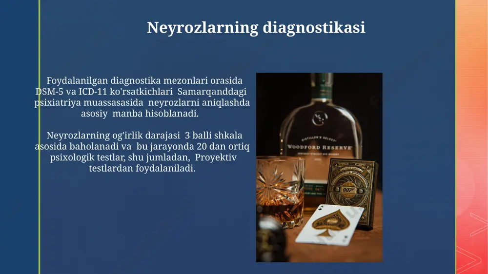 'tkazilgan tadqiqotga ko'ra, muntazam jismoniy mashqlar va sog'lom turmush tarziga rioya qilish neyroz rivojlanish xavfini 15% ga pasaytiradi. bolalik davrida 5 yoshgacha bo'lgan bolalarga emotsional qo'llab-quvvatlash va 10 ta psixologik mashg'ulotlarni o'tkazish orqali neyrozlar xavfini 20% ga kamaytirish mumkin. bolalik tajribasining ahamiyati bolalik tajribalari, ayniqsa, 0-5 yosh oraligʻidagi voqealar, shaxsning keyingi nevrotik xulq-atvorining 70% gacha shakllanishiga taʼsir qiladi, bu freydning vena shahridagi klinik kuzatishlariga asoslangan. bolalikdagi travmatik voqealar, masalan, ota-ona ajrashishi yoki zo'ravonlik, keyinchalik nevrotik kasalliklarning, jumladan, 20-30 yosh oralig'ida paydo bo'ladigan tashvish buzilishlarining rivojlanishiga 3-4 marta yuqori xavf tug'diradi. neyrozlar haqida umumiy ma'lumot neyrozlarning turli xil shakllari mavjud, masalan, obsesif-kompulsiv buzilish, fobiyalar, va psixosomatik kasalliklar, ularning har biri o'ziga xos alomatlar va davolash usullariga ega. neyrozlar jahon sog'liqni saqlash tashkiloti (jsst) ma'lumotlariga ko'ra, dunyo bo'ylab 20-40% aholini qamrab oladi va 20 yoshdan 40 yoshgacha bo'lgan odamlarda ko'proq uchraydi. transfer va kontrtransfer bemorning terapevtga bo'lgan his-tuyg'ularini o'tkazish (transfer) va terapevtning …