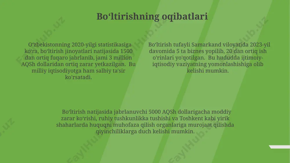 statistikasiga koʻra, boʻltirish jinoyatlarining 30% ga yaqini kichik biznes egalari va 15%i esa toshkent shahridagi xususiy uy-joy egalariga nisbatan sodir etilgan. boʻltirish qurbonlari orasida 50 yoshdan oshganlarning ulushi yuqori boʻlib, ularning koʻpchiligi nafaqaxoʻrlar yoki kam daromadli aholi qatlamlariga mansub. bu ularning himoyasizligini koʻrsatadi. surxondaryo viloyatida oʻtkazilgan soʻrov natijalariga koʻra, boʻltirish qurbonlarining 25% elektron vositalar orqali tahdidlarga duch kelgan va oʻrtacha 5000 ming soʻm miqdorida pul yoʻqotgan. e'tiboringiz uchun rahmat @taqdimot_robot