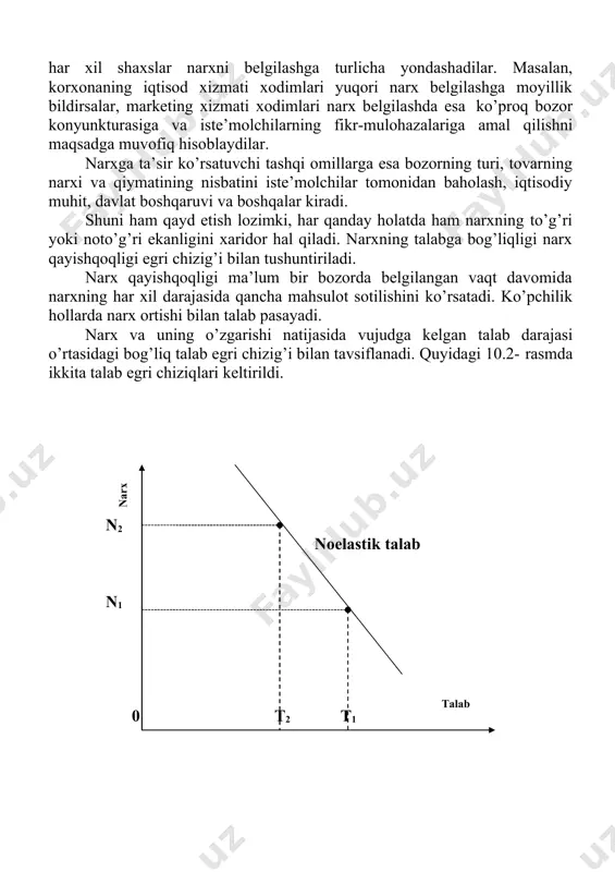 mahsulotning tannarxi egallaydi. shu sababli, mahsulot tannarxini pasaytirish muhim vazifa hisoblanadi. korxonada narxning shakllanish jarayonini tashkil etish narxni belgilovchi shaxslarni va korxona ichidagi bo’linmalarni aniqlashni o’z ichiga oladi. tabiiyki, har xil shaxslar narxni belgilashga turlicha yondashadilar. masalan, korxonaning iqtisod xizmati xodimlari yuqori narx belgilashga moyillik bildirsalar, marketing xizmati xodimlari narx belgilashda esa ko’proq bozor konyunkturasiga va iste’molchilarning fikr-mulohazalariga amal qilishni maqsadga muvofiq hisoblaydilar. narxga ta’sir ko’rsatuvchi tashqi omillarga esa bozorning turi, tovarning narxi va qiymatining nisbatini iste’molchilar tomonidan baholash, iqtisodiy muhit, davlat boshqaruvi va boshqalar kiradi. shuni ham qayd etish lozimki, har qanday holatda ham narxning to’g’ri yoki noto’g’ri ekanligini xaridor hal qiladi. narxning talabga bog’liqligi narx qayishqoqligi egri chizig’i bilan tushuntiriladi. narx qayishqoqligi ma’lum bir bozorda belgilangan vaqt davomida narxning har xil darajasida qancha mahsulot sotilishini ko’rsatadi. ko’pchilik hollarda narx ortishi bilan talab pasayadi. narx va uning o’zgarishi natijasida vujudga kelgan talab darajasi o’rtasidagi bog’liq talab egri chizig’i bilan …