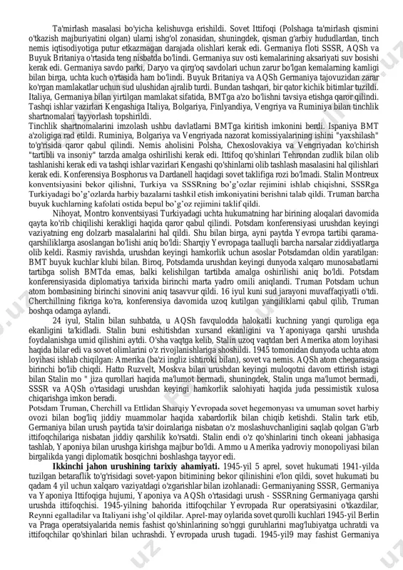 kotibi stettinius tomonidan tuzilgan tegishli kelishuv matni taqdim etildi. cherchill, taklif qilingan umumiy prinsipga e'tiroz bildira boshladi, chunki bu buyuk britaniyaning o'z hukmronligiga bo'lgan manfaatlariga ta'sir qiladi va britaniya imperiyasining yaxlitligiga tahdid soladi. shartnoma ushbu hududlarga tegishli bo'lmasligini kelishib olgach, cherchill sovib ketdi va ish davom ettirildi. stalinga murojaat qilib, bunday hissiy xatti-harakatlarini oqlab, shunday dedi: "agar xalqaro tashkilot qrimni xalqaro kurort sifatida xalqaro nazoratga o'tkazish taklifi bilan chiqsa, sizning his-tuyg'ularingiz qanday bo'ladi?". cherchillni tayinlagan stalin, qrimni uchta kuchlar konferensiyasi uchun taqdim etishini aytdi. 1946-yil 5-martda fulton universitetida so'zga chiqqan, u.cherchill shunday degandi: "1933-yilga qadar yoki hatto 1935-yil oldin, germaniya, uni tushundim dahshatli taqdiri himoya qilish mumkin edi, va biz gitler insoniyat ustiga qulab tushdi, bu baxtsizliklardan xalos bo'ladi. hech qachon tarixda hech qanday urush yo'q edi, bu o'z vaqtida amalga oshirilgan harakatlarning oldini olish uchun oson bo'lar edi. biz buni takrorlashga yo'l qo'ymasligimiz kerak". kelajakdagi xavfsizlik kengashining (xk) tarkibi …