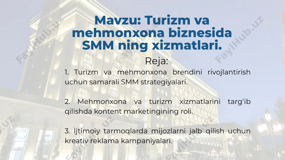 alarni e’lon qilish. rezervatsiya uchun bonus tizimlarini taklif etish. natijalarni kuzatish va tahlil qilish platformalarda foydalanuvchilar faolligini, postlar ko‘rilishini va jalb etilish ko‘rsatkichlarini muntazam tahlil qilish. tahlillar asosida strategiyani doimiy yangilab borish. ushbu strategiyalar turizm va mehmonxona sohasida brend imijini yaxshilash va mijozlar bazasini kengaytirishda katta yordam beradi. presented by : larana corporate www.reallygreatsite.com mehmonxona va turizm xizmatlarini targ‘ib qilishda kontent marketingining roli turizm va mehmonxona biznesida kontent marketing mijozlarni jalb qilish va brendni rivojlantirishda muhim vosita hisoblanadi. quyida uning asosiy jihatlari keltirilgan: mehmonxona va turizm xizmatlarini targ‘ib qilishda kontent marketingining roli presented by : larana corporate www.reallygreatsite.com video kontent: sayohat yo‘nalishlari, mehmonxona xonalari va xizmatlari haqida qisqa videolar. infografikalar: turizm statistikasi, sayohat qilish uchun kerakli narsalar yoki mehmonxona imkoniyatlari haqida vizual materiallar. mijozlarga xizmatlar haqida batafsil ma’lumot berish. auditoriya e’tiborini jalb qiluvchi qiziqarli va foydali ma’lumotlar yetkazish. 1. kontent marketingning ahamiyati mavsumiy kontent turizm mavsumiga mos keladigan maxsus kampaniyalar …