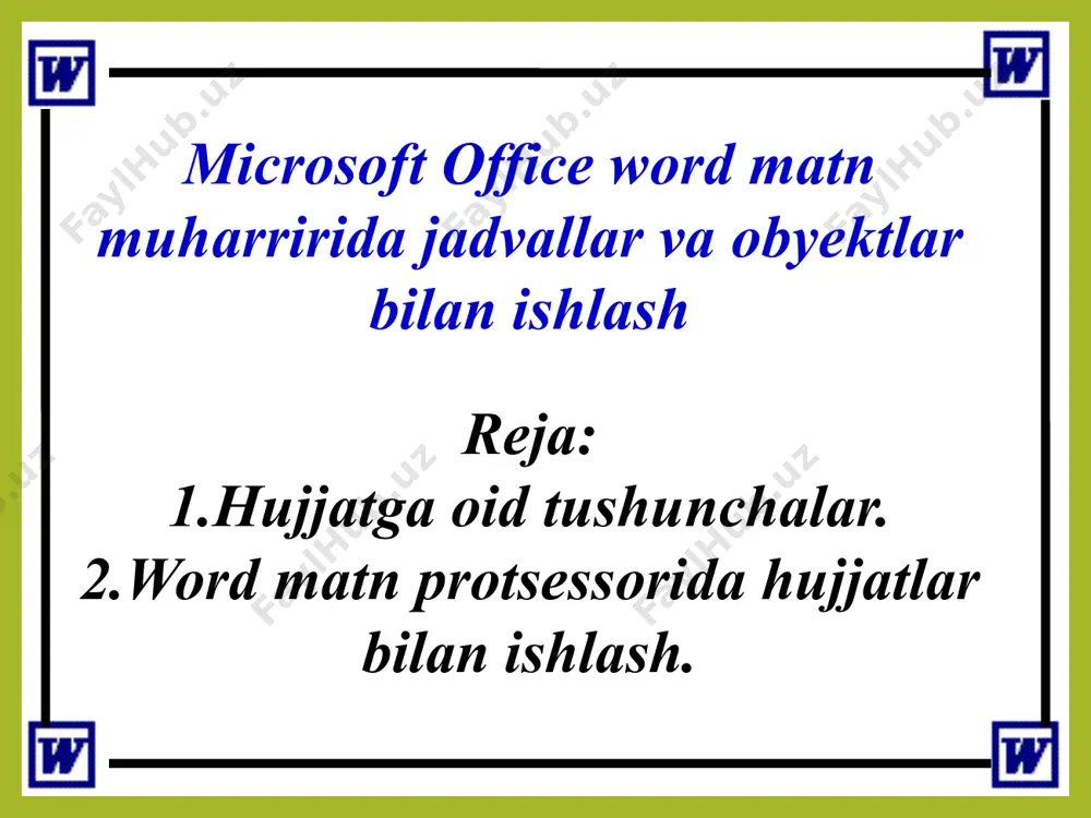 q yozuv ko’rinishida bo‘ladi. belgilangan matn microsoft word dasturida matnni belgilash. 3. matnni klaviatura orqali belgilash. kursorni belgilanuvchi satr boshiga olib borib, shift tugmasini bosib turgan holda  ,  ,  vа  yo’naltiruvchi tugmalardan foydalanib kerakli matn belgilanadi shift     belgilangan matn microsoft word dasturida matnni belgilash. 4. butun hujjatni belgilash. «правка» menyusidan «выделить все» buyrug’i tanlanadi yoki «ctrl» tugmasi bilan lotincha «а» yoki «num 5» tugmasi birgalikda bosilgan holda amalga oshiriladi. bunda belgilangan joy qora fon va oq yozuv ko’rinishida bo‘ladi. ctrl a belgilangan matn выделить все 1) 2) 3) + ctrl num 5 + microsoft word dasturida hujjatni magnit disklarga saqlash. 1. «sichqoncha» yordamida bajarish. файл menyusidan сохранить buyrug’i yoki uskunalar panelidan belgisi tanlanadi. сохранить сохранить bunda quyidagi oyna hosil bo’ladi. bu oynada quyidagilar bajariladi: 1) папка: qatoriga fayl saqlanuvchi papka yo‘li ko‘rsatiladi; 2) имя файла: qatoriga saqlanuvchi fayl nomi yoziladi (ixtiyoriy); 3) …