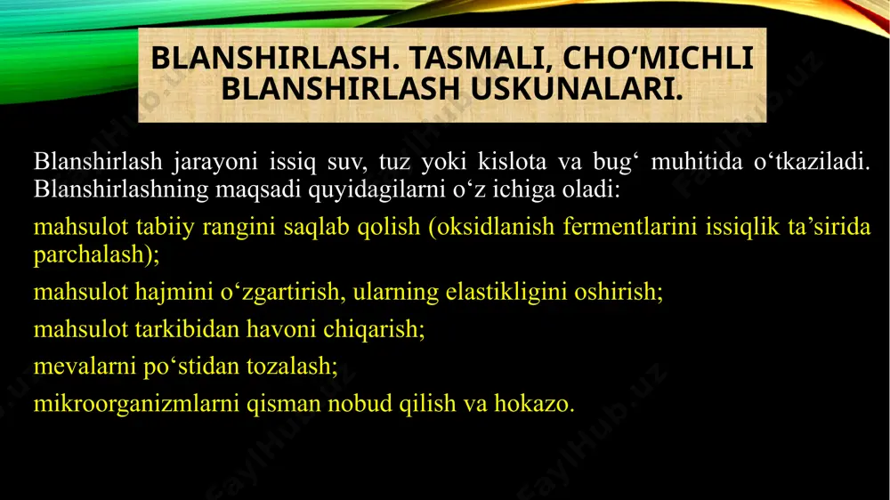 ib qizdiriladi tasmali blanshirlash uskunalari: 1-transportyor, 2-bug‘latish tizimi, 3-korpus cho‘michli blanshirlash uskunalari cho‘michli blanshirlash uskunalari ham amalda keng qo‘llanilmoqda. bu uskunalarda (bk) ko‘k no‘xat, karam, kartoshka, sabzi va boshqa mahsulotlar suv va bug‘da blanshirlanadi. uning asosiy qismlari quyidagilardan iborat: vanna (1), mahsulotni tashuvchi chumichlar (2) va (3) bug‘ uzatish barbatyori. uskunaning ish quvvati xom ashyo turiga bog‘liq, masalan no‘xat uchun 0,56 kg/s, sabzi 0,32 kg/s, suv sarfi 0,05 l/s. bk blanshirlash uskunasi: 1-vanna, 2-cho‘michlar, 3-barbatyor etiboringiz uchun rahmat image2.png image3.jpeg image4.png image5.png image1.png