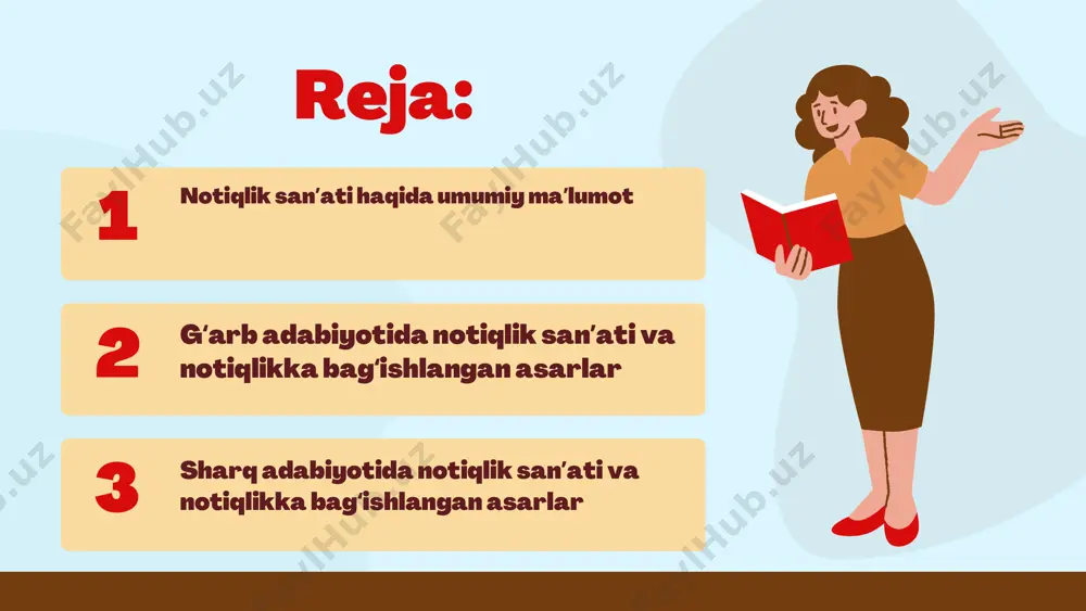 va “palimed” sarlavhali ikkita yozma asari yetib kelgan. gorgiy notiqning uch jihatiga alohida urg'u beradi: 1) ishontira olish. 2) maftun etish. 3) ijobiy taassurot qoldirish sharqda notiqlik sanʼati markaziy osiyoda, xususan, hozirgi ‘o'zbekiston hududida, nutq madaniyati va notiqlik san’ati o‘z-o‘zidan birdaniga vujudga kelgan emas. uning chuqur tarixiy ildizlari va g‘oyaviy manbalari mavjud bo‘lib, qadimda voizlik san’atiga katta e’tibor berilgan, uning ko‘plab iste’dodli namoyandalari ibrat ko‘rsatib, boy meros qoldirganlar. sharqda notiqlik sanʼati va’z” so‘zi arabcha targ’ib qilish, pand-nasihat degan ma’nolarni anglatadi; ‘voiz” so‘zi esa va’z aytuvchi, nutq so‘ziovchi aks ma’nosini bildiradi. voizlik san’ati tinglovchining, ommaning ongiga, his-tuyg‘usiga ta’sir etish mahorati bo‘lib, hozirgi vaqtda u notiqlik san’ati deb yuritilmoqda. qadimgi sharqda (ix asrgacha) voizlik vazifasini shohlar, halifalar bajarganlar. sharqda notiqlik sanʼati o‘rta osiyoda hozirgi o‘zbekiston hududida notiqlik, ya‘ni voizlikning vujudga kelishi va rivojlanishining tarixiy ildizlari juda qadimiydir. ma‘lumki, qadimiy sharqda, taxminan ix asrgacha voizlikvazifasini shoh, xalifa, sulton, qirol va harbiy sarkardalar bajarganlar. …