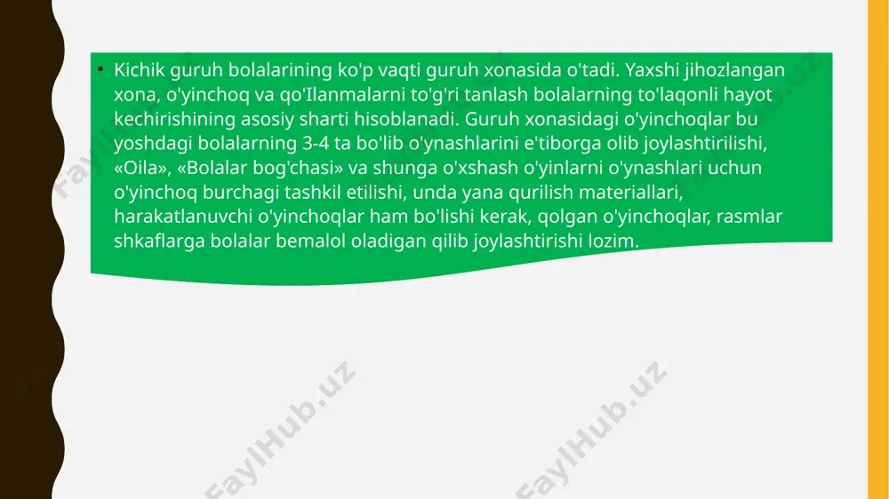 langanda o'yinga joy bo'shatish maqsadida boshqa tomonga surib qo'yadigan qilib joylashtiriladi. maydonchada sport o'yinlari va har xil o'yinlar uchun joy ajratiladi, gulxona va poliz tashkil etilib, u yerda bolalar o'zlari gul va sabzavotlarni yetishtiradilar. bolalar hayotini tashkil etishga qo'yiladigan talablar. kunning birinchi yarmida bolalar hayotini tashkil etish, bolalarning mtmda 9-10 soat bo'lishi kun tartibida belgilab qo'yilgan. bunda ertalabki qabul muhim rol o'ynaydi. tarbiyachi bolalarning mtmdagi vaqti qiziqarli/sermazmun o'tishini ta'minlaydi. buning uchun ertalab bolalarni ochiq chehra bilan kutib oladi, ota-onalari bilan xushmuomala, xayrixoh munosabatda bo'ladi. ertalabki qabul vaqtida ijodiy o'yinning hamma turlari tashkil etiladi, tabiat burchagida kuzatish, bolalarning guruh xonasidagi, ovqat va mashg'ulotlardagi navbatchiliklari, nonushtadan oldin ertalabki gimnastika va yuvinish tashkil etiladi. nonushta vaqtida tarbiyachi bolalarning ovqatlanish madaniyatini nazorat qilib turadi. nonushtadan keyin dasturda ko'rsatilgan vaqt mobaynida mashg'ulot o'tkaziladi. mashg'ulotgacha va mashg'ulot o'rtasida o'yinlar tashkil etiladi. qanday o'yin o'tkazilishi mashg'ulotning mazmuni va xususiyatiga bog'liq. bolalar o'tirib shug'ullanadigan mashg'ulotdan oldin harakatli o'yinlar, …