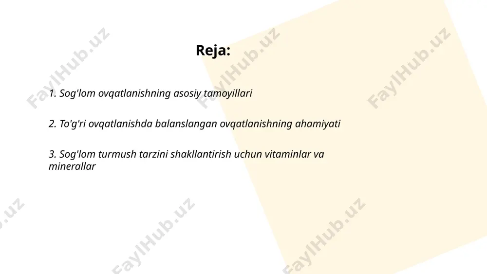 i va sitrus mevalarda uchraydi. d vitamini suyaklar uchun muhim bo'lib, quyosh nuri orqali olinadi. a vitamini ko'z sog'lig'ini saqlaydi va sabzi bilan qabul qilinadi. b guruh vitaminlari energiya ishlab chiqarishga hissa qo'shadi va don mahsulotlarida mavjud. temir modda kislorod tashishda ishtirok etadi va qizil go'shtda topiladi. kalsiy esa suyak va tishlar uchun zarur bo'lib, sut mahsulotlarida uchraydi. ushbu elementlarning etarlicha qabul qilinishi sog'liq uchun muhimdir. ... t.me/slaydai_bot 4. oziq-ovqat piramidasini tushunish oziq-ovqat piramidasi, inson salomatligi uchun muhim bo'lgan oziq-ovqat guruhlarini balanslangan tartibda aks ettiradi. piramida asosida don mahsulotlari, masalan, non, guruch va makaron joylashgan, ular kundalik kaloriya ehtiyojining asosiy manbaiga kiradi. keyingi qavatda sabzavot va mevalar bor, ular vitamin va minerallarga boy. uchinchida sut mahsulotlari, go'sht, baliq va tuxum, organizmga oqsil va kalsiy beradi. eng yuqori, tor qismini yog'lar, shirinliklar va turli gazaklar tashkil etadi, ularni me'yorida iste'mol qilish kerak. piramida sog'lom ovqatlanishni rejalashtirishda qo'llaniladi va maqsad, tana uchun …