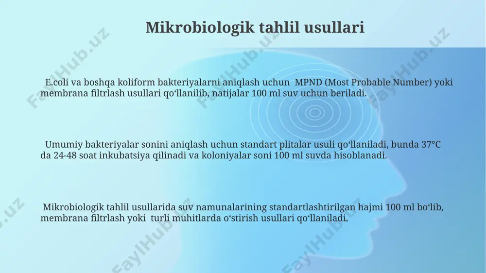 , jahon sog'liqni saqlash tashkilotining (jsst) tavsiyalariga muvofiq, bakteriyalar (e.coli kabi) miqdorini 100 ml da 0 dan kam bo'lishiga qaratilgan. suvning kimyoviy tarkibi, masalan, nitratlarning konsentratsiyasi 50 mg/l dan oshmasligi va og'ir metallarning (qo'rg'oshin, simob) miqdori qonun tomonidan belgilangan chegaradan oshmasligi kerak. e'tiboringiz uchun rahmat @taqdimot_robot image1.png