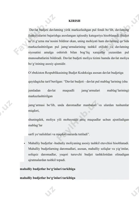 a budjeti daromadlari umumdavlat soliqlari, yig‘imlari, bojlari, majburiy to‘lovlar va boshqa to‘lovlar hisobiga shakllantirilsa, mahalliy budjetlar daromadlari mahalliy soliqlar, yig‘imlar va boshqa majburiy to‘lovlar hisobiga shakllantiriladi. 1997 yil 24 aprelda o‘zbekiston respublikasining soliq kodeksi qabul qilindi va 1998 yil 1 yanvardan kuchga kirdi. ushbu kodeks soliqlar va yig‘imlarni yagona hujjatga to‘pladi, umumdavlat hamda mahalliy soliqlar va yig‘imlarning aniq turlarini belgiladi. · 1997 yil 24 aprelda o‘zbekiston respublikasining soliq kodeksi qabul qilindi va 1998 yil 1 yanvardan kuchga kirdi. ushbu kodeks soliqlar va yig‘imlarni yagona hujjatga to‘pladi, umumdavlat hamda mahalliy soliqlar va yig‘imlarning aniq turlarini belgiladi. · shuningdek, davlat budjeti daromadlarini shakllantirishning huquqiy asoslarida muhim ahamiyatga ega bo‘lgan 1997 yil 29-avgustda qabul qilingan “davlat soliq xizmati to‘g‘risida”gi va o‘zbekiston respublikasining budjet kodeksini keltirib o‘tishimiz mumkin. · soliqlar soliqqa tortish ob’ektiga qarab uch guruhga bo’linadi: · 1. oborotdan olinadigan soliqlar. bunda soliqlar xo’jalik yurituvchi sub’ektlarning bevosita oborotidan undiriladi, ularga qo’shilgan qiymat solig’i, …