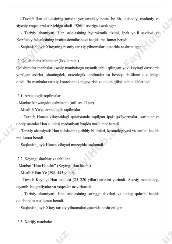 sim va sulola tarixiga oid miloddan avvalgi 1046–256-yillar (zhou sulolasi) · shujing (yozuvlar kitobi) · shijing (qo‘shiqlar kitobi) · konfutsiy — lunyu (so‘zlar va suhbatlar) · chunqiu (bahar va kuz yilliklari) · liji (marosimlar kitobi) miloddan avvalgi 221–206-yillar (qin sulolasi) · sima qian — shiji (qin shi huang haqida bo‘limlar) · imperator farmonlari — yasalik tizimi, valyuta, o‘lchov birliklari · terrakota askarlari — imperator qin shi huang mozori topilmalari miloddan avvalgi 206 – milodiy 220-yillar (han sulolasi) · ban gu — hanshu (漢書, "han sulolasi tarixi") · sima qian — shiji · buddaviy manbalar — ilk tarjimalar, buddaviy yozuvlar xitoy tilida 220–589-yillar (uch podshohlik va janubiy-shimoliy sulolalar) · chen shou — sanguozhi ("uch podshohlik tarixi") · buddaviy matnlar — dunyoqarash va siyosatdagi ta’siri 589–618-yillar (sui sulolasi) · wei zheng (va boshqalar) — suishu ("sui sulolasi tarixi") · rasmiy hujjatlar — qonunlar, siyosiy islohotlar 618–907-yillar (tang sulolasi) · jiu tangshu (eski …