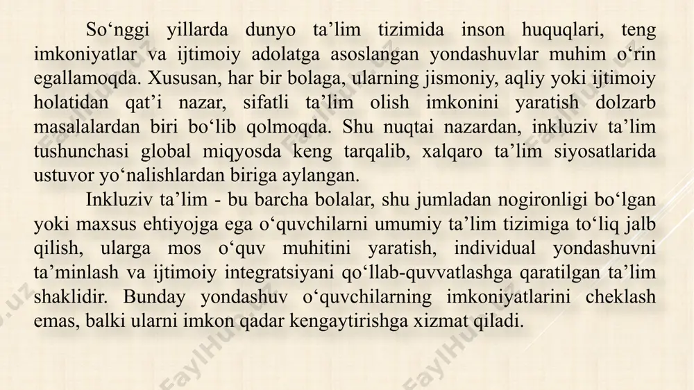 adqiqot asosida o‘zbekistonda mavjud amaliy tajriba, muammolar va istiqbollar o‘rganiladi hamda samarali takliflar ishlab chiqiladi. natijalar tadqiqot natijalari maktablarda inkluziv ta’limni joriy etish jarayoni murakkab va ko‘p omilli ekanligini ko‘rsatdi. so‘rovnoma va suhbatlar asosida olingan ma’lumotlar quyidagilarni tasdiqlaydi: 3.1. o‘qituvchilarning tayyorgarlik darajasi o‘tkazilgan so‘rovnomalarga ko‘ra, o‘qituvchilarning 68% qismi o‘zlarini maxsus ehtiyojga ega bolalar bilan ishlashga to‘liq tayyor emas deb hisoblaydi. ularning asosiy muammolari quyidagicha belgilandi: maxsus metodikalarning yetishmasligi (48%) psixologik tayyorgarlikning pastligi (32%) zamonaviy o‘quv materiallarining yo‘qligi (27%) 3.2. infratuzilma va moddiy-texnik baza holati tahlil qilingan 10 ta umumta’lim maktabidan faqat 3 tasida nogironligi bo‘lgan bolalar uchun qulay kirish yo‘laklari, moslashtirilgan hojatxonalar va maxsus o‘quv vositalari mavjud. bu esa maktab infratuzilmasi hali ham barcha bolalar uchun teng imkoniyat yaratishga tayyor emasligini ko‘rsatadi. 2.2. empirik tadqiqot usullari amaliy tadqiqot bosqichida so‘rovnoma, suhbat (intervyu), kuzatuv kabi empirik usullar orqali real holat o‘rganildi. ushbu metodlar orqali quyidagi maqsadlar ko‘zda tutilgan: maktablarda inkluziv ta’limning …