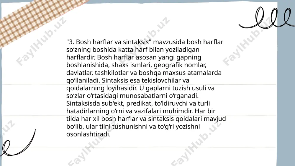 o'zbek tilidagi imlo qoidasiga asosan quyidagi maxsus kunlar va bayramlar bosh harf bilan yoziladi: 1) mustaqillik kuni; 2) navro‘z bayrami; 3) konstitutsiya kuni; 4) o‘qituvchi va murabbiylar kuni; 5) xotira va qadrlash kuni. ushbu kunlar davlat yoki milliy bayramlar sanalib, rasmiy e'tirof etilgan sana va hodisalarni o'z ichiga oladi. maxsus kunlar davlat miqyosida nishonlanadi va ushbu kunlarga oid bayramlar ko'p hollarda mahalliy o'ziga xos an'analar va tadbirlar bilan ham qo'shiladi, bu esa ularning ahamiyatini oshiradi. ... t.me/slaydai_bot bosh harflar va boshqalarga murojaat qilish qoidalari yozishda muhim ahamiyat kasb etadi. bosh harflar asosan jumla boshida, maxsus nomlar, tashkilotlar, kitob, maqola, film nomlarida ishlatiladi. masalan, "o‘zbekiston respublikasi", "zumrad va qimmat". bundan tashqari, "prezident", "rais", kabi lavozimlarda esa bosh harf bilan yoziladi faqat maxsus nom yoki rasmiy hujjat boshlanishida. boshqalarga murojaat qilganda, hurmat ko‘rsatib, "siz" so‘zi bosh harf bilan yozilishi mumkin. noma’lum manzilda yozganda esa manzil bosh harf bilan boshlanishi kerak. bu qoidalar …