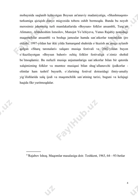 eldi. jumladan, borbad ijodiga mansub “xusravoniy” turkumi. ix-x asrlarda maqomsimon cholg‘u va ashula-cholg‘u asar va turkumlar rivojlanadi. xi-xiii asrlardan boshlab, to xvii asrgacha yaqin va o‘rta sharqda “duvozdahmaqom” – 12 maqom turkumi keng tarqalib, musiqa amaliyotida qo‘llanib keldi. xviii asrda buxoroda yangi turkum – “shashmaqom” uzil-kesil shakllandi. shashmaqom — tojik, oʻzbek, qoraqalpok va buxoro yahudi xalqlari musiqiy merosida markaziy oʻrin tutgan maqomlar turkumi; parda, ohang , usul, shakl, uslub kabi vositalar bilan o`zaro uzviy bog`langan mumtoz kuy va ashulalar majmui. u muayyan shartsharoitlarda musiqiy folklor hamda kasbiy musiqa yoʻnalishlarida orttirilgan ko`p asrlik ilmiy ijodiy tajriba hamda izlanishlar natijasida yuzaga kelgan. shashmaqom milliy hamda mintaqaviy mumtoz musiqa anʼanalarining tarixan uzun taraqqiyot jarayoni natijasida bir qator bastakorlar avlodi san`atining qomusiy mahsulidir. xix asrda “xorazm maqomlari” turkumi va farg`ona-toshkent maqom yo`llari vujudga keladi. shuningdek, yovvoyi (erkin koʻrinishdagi) maqomlar, surnay, dutor yo`llari va boshqalar shashmaqom ta`sirida rivojlandi. o`tgan zamon bastakorligida keng qo`llanilgan amal, kor, …