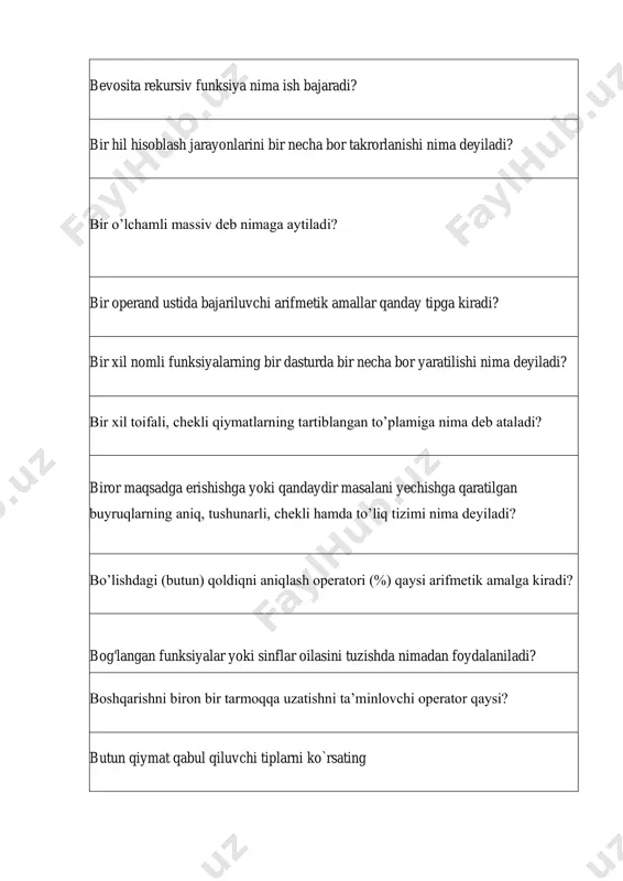 …? fayillar bilan ishlovchi funksiyalardan foydalanish uchun … sarlavha faylini programmaga qo’shish kerak fayl bilan ishlashdagi xatolikni aniqlash uchun qaysi funksiyadan foydalaniladi fayl ko’rsatkichining kelgan joyni aniqlash uchun qanday funksiya ishlatiladi fayl ko’rsatkichining siljitish uchun qaysi fumksiya ishlatiladi fayl nima ? fayl ochilganda fayl tarkibini tozalash uchun ios:: xizmatchi so’zidan so’ng qaysi spetsifikator yoziladi? fayl ochilganda kursor ko’rsatkichini fayl oxiriga ko’chirish uchun ios:: xizmatchi so’zidan so’ng qaysi spetsifikator yoziladi? fayl oxiriga yozish uchun qanday funksiyadan foydalanamiz ? fayl yopishda xatolik bo`lmasa fclose() qanday qiymat qabul qiladi ? faylda ma'lumot bo’lmasa takrorlanish amalga oshmadigan sikl operatorni ko’rsating fayldagi ma’lumotni o’qish uchun ios:: xizmatchi so’zidan so’ng qaysi spetsifikator yoziladi? faylga ma’lumot yozish uchun ios:: xizmatchi so’zidan so’ng qaysi spetsifikator yoziladi? faylga ma’lumotni fayl oxiriga yozish uchun ios:: xizmatchi so’zidan so’ng qaysi spetsifikator yoziladi? faylga yozish uchun qaysi xizmatchi so'zdan foydalaniladi? fayllar bilan ishlashda eof() funksiyasidan qanday maqsadda foydalanamiz ? fayllar bilan ishlashda …