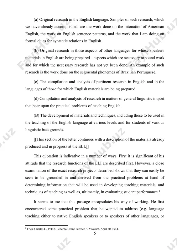 ough descriptions or through development of the linguistic theory. he then searched the literature for anything relevant to his problem as he conceived it, and if other work was non-existent or inadequate, he developed a description that satisfied him. in other words, most of fries’s theoretical and descriptive projects arose out of issues that he encountered first in some aspect of his teaching. 1.2 language must be approached scientifically: the essence of science is prediction of disparate phenomena. fries wanted to make linguistics a science. he believed that the basis of science was prediction of disparate phenomena – for example, one uses the law of gravity to predict how objects fall. in language, he wanted to describe those aspects of the forms of language which best predicted the responses – particularly the recognition responses – of the listeners. in his model, the term recognition response is closely associated with meaning. …