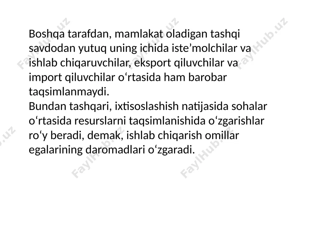 yuzani tashkil qilgani uchun, import bilan raqobatlashuvchi sohalardagi ishlab chiqaruvchilarning sof yutkazishlari esa a yuzani tashkil qilgani uchun, butun mamlakat uchun umumiy samara (a+b+c) - a = (b+c) yuzaga teng bo‘ladi argentina: - eksport qiluvchi mamlakatda ishlab chiqaruvchilarning yutug‘i (g+h+i) yuzasini tashkil qilgani uchun, iste’molchilar esa (g+h) yuzani yutkazgani uchun, butun mamlakat farovonligiga sof samara (g+h+i) - (g+h) = i yuzaga teng bo‘ladi. yutuqni mamlakatlar o‘rtasida taqsimlanishi ushbu mamlakatlardagi narxlarning o‘zgarish darajasiga bog‘liq bo‘ladi. shunday qilib, xalqaro savdo o‘zaro foydali bo‘lganiga qaramay, undan olinadigan yutuq mamlakatlar o‘rtasida teng taqsimlanmaydi. dastlabki merkantilizm (xv asrning oxirgi uchdan bir qismi - xvi asr o‘rtalari) vakillari uilyam stafford (angliya), de santis, g.skaruffi (italiya) edi. dastlabki merkantilizmning asosiy ta'minoti pul balansi nazariyasi bo‘lib, u pulni boyligini ko‘p jihatdan qonunchilik asosida oshirishga qaratilgan siyosatni asoslab berdi. mamlakatda pulni saqlash uchun uni chet elga eksport qilis taqiqlangan edi; sotishdan tushgan barcha pullar, chet elliklar mahalliy mahsulotlarni sotib …