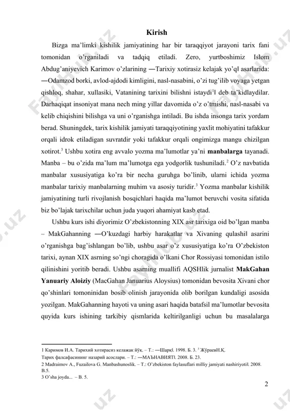 an bo’lib, ushbu asar o’z xususiyatiga ko’ra o’zbekiston tarixi, aynan xix asrning so’ngi choragida o’lkani chor rossiyasi tomonidan istilo qilinishini yoritib beradi. ushbu asarning muallifi aqshlik jurnalist makgahan yanuariy aloiziy (macgahan januarius aloysius) tomonidan bevosita xivani chor qo’shinlari tomoninidan bosib olinish jarayonida olib borilgan kundaligi asosida yozilgan. makgahanning hayoti va uning asari haqida batafsil ma’lumotlar bevosita quyida kurs ishining tarkibiy qismlarida keltirilganligi uchun bu masalalarga to’xtalmasdan kurs ishi mavzusining dolzarbligi, uning davriy chegarasi, maqsad, vazifasi va h.k. larga to’xtalishni lozim topdim. mavzuning dolzarbligi. o’rganilayotgan mavzuning dolzarbligi shundaki, o’zbekiston tarixining eng ayanchli va mudhish davrlaridan biri bo’lgan rossiya imperiyasi bosqini davrini yoritilishi hozirgi kundagi dolzab muammolardan biri hisoblanadi. bu tarixiy jarayon o’zbekiston tarixida muhim va dolzarb mavzu bo’lganligi uchun uni har tomnlama va ob’yektiv o’rganish har bir tarixchi uchun foydali va fan taraqqiyoti uchun muhimdir. zero, biror-bir tarixiy jarayon yoki voqea hodisani har tomonlama va ob’yektiv yoritish uchun ushbu jaroyonga bag’ishlangan …
