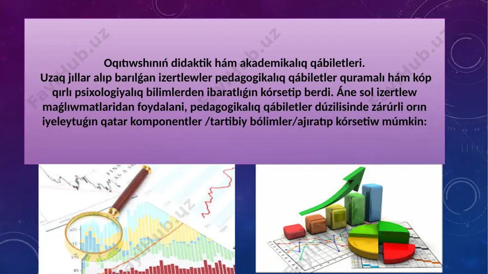 rında oqıwshılar psixologiyasiga tán turaqlı ustanovka /jo'neltiriw ge jetedi. qábiletli pedagog oqıwshılardıń tayınlıq dárejesin, olardıń rawajlanıw dárejesin esapqa alǵan halda balalardıń neni biliwi hám neni bilmewin, nelerdi qashannan berli esten shıǵarganliklarini oyda sawlelendire aladı. kópshilik oqıtıwshılarǵa, ásirese xafsalasiz oqıtıwshılarǵa, oqıw materialı ápiwayıǵana hám hech qanday ayrıqsha túsindiriw hám de túsindirme beriwdi talap etpelip atir bunday oqıtıwshılar oqıwshılardı emes, bálki birinshi náwbette ózlerin názerde tutıp jumıs júrgizediler. sol sebepli de oqıw materialın ózine qaray tańlaydilar. operativ taktik strategiyalıq finanslıq esap sistemasında operativ-taktik informaciya, basqarıw esabı sistemasında bolsa strategiyalıq informaciya qáliplesedi jaratılǵan maǵlıwmatlarǵa qoyılatuǵın talaplar áne sonday pedagogikalıq qábiletti anıqlaw ushın psixolog n. f. gonobolin júdá qolay test usınıs etedi. bul testke kóre biliw xarakterindegi tekstte oqıtıwshınıń pikiri boyinsha ayırım klass oqiwshilarii ushın qıyın dep esaplanǵan bólimlerdi bólek kórsetip, ne ushın bul bólimlerdiń qıyınlıǵın túsintirip beriw, sonnan keyin bolsa tekstti oqıwshılarǵa jeńil hám olardıń ózlestiriwleri ushın qolay etip qayta dúziw usınıs etiledi. …
