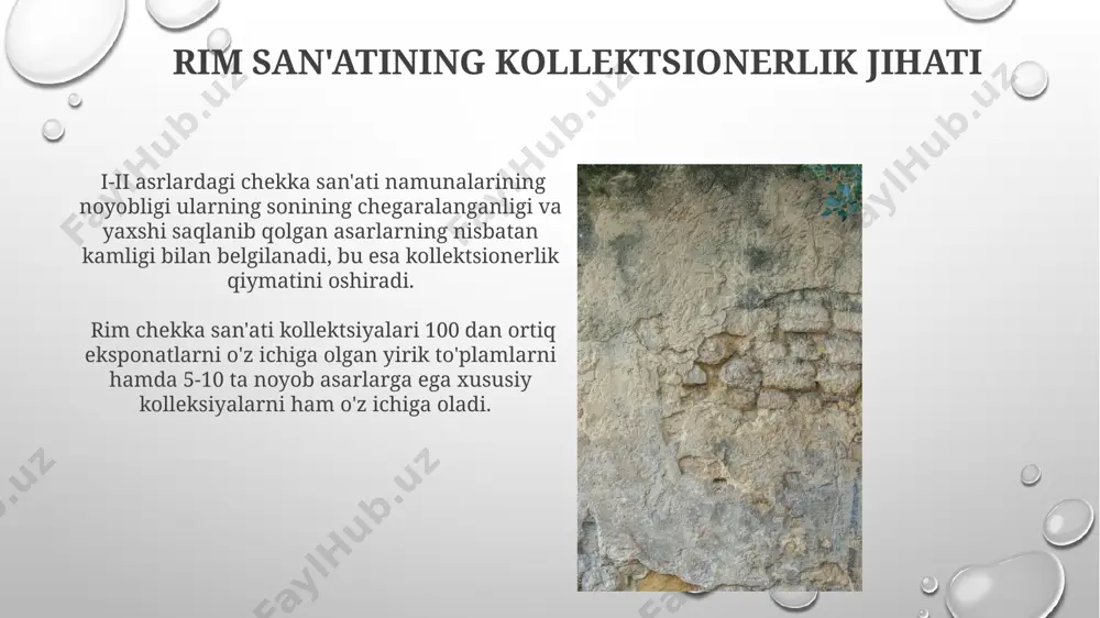 marmar, bronz va yog'ochdan yasalgan bo'lib, ularning badiiy sifati va texnik mahorati yuqori darajada bo'lgan. haykaltaroshlikda, ayniqsa, portret janrida, realistik uslub bilan birga, idealizatsiya tamoyillari ham qo'llanilgan, bu davrning 50 dan ortiq namunasi topilgan. yunon san'atining ta'siri 1-2-asrlar rim san’atida yunon haykaltaroshligi uslubining, ayniqsa, klassik davrga oid 5-asr namunalarining sezilarli ta’siri kuzatilgan, bu klassik ideallarni aks ettiruvchi realistik tasvirlar orqali namoyon bo‘lgan. rim mozaikalarida yunon geometrik naqshlari va ornamentlarining 30% dan ortig‘i ishlatilgan, bu yunon san’atining dekorativ elementlariga bo‘lgan qiziqishni va ta’sirini tasdiqlaydi. i va ii asrlar rim san'atining davri rim amforalari va boshqa idishlarning bezaklari, i-ii asrlarda, koʻpincha mifologik sahnalar, 50 dan ortiq turdagi oʻsimlik va hayvonot dunyosi tasvirlarini oʻz ichiga olgan. i-ii asrlarda rim haykaltaroshligi portret janrida katta taraqqiyotga erishdi, 200 dan ortiq realistik portretlar saqlanib qolgan boʻlib, ular shaxsning ijtimoiy mavqeini va xarakterini aniq aks ettiradi. realizm va idealizmning uyg'unligi arxeologik topilmalar, 15 dan ziyod haykal va …