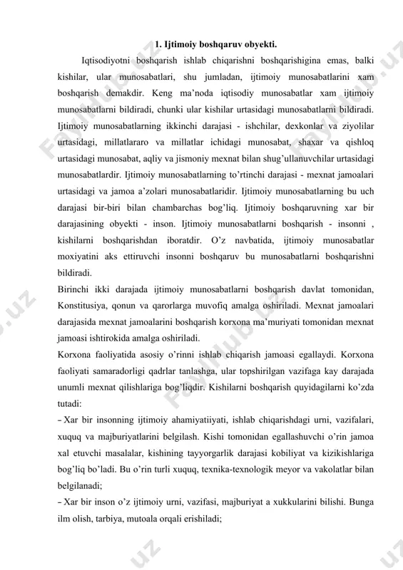 a bog’liq bo’ladi. bu o’rin turli xuquq, texnika-texnologik meyor va vakolatlar bilan belgilanadi; · xar bir inson o’z ijtimoiy urni, vazifasi, majburiyat a xukkularini bilishi. bunga ilm olish, tarbiya, mutoala orqali erishiladi; · xar bir inson o’z ijtimoiy vazifasini bajarish, bunga eng avvalo moddiy va ma’naviy ragbatlantirish tizimi, uning umumiy va kasbiy tayyorgarligi, intizomliligi va javobgarlik darajasi bilan erishiladi. kishi ma’lum bir jamoa a’zosi bo’lgani sababli uning egallaydigan ijtimoiy urni ko’p jixatdan jamoaga bog’liq bo’ladi. 2. jamoaning ijtimoiy rivojlanishi. jamoaning ijtimoiy rivojlanishiga inson xayoti bilan bog’liq xal qilinishi lozim bo’lgan masalalar majmui, iqtisodiy va ijtimoiy masalalar to’plami sifatida karaladi. bozor munosabatlari sharoitida korxonalar iqtisodiy va ijtimoiy masalalarni xal etishda ancha erkinliklarga ega buldilar. korxona jamoasi o’z mablagi bilan o’zi mustaqil ravishda foydalanish xuquqiga ega, jamoaning xar bir a’zosi uning va u okali butun jamiyatning iqtisodiy, ijtimoiy ma’naviy masalalarni xal qilishda faol katnashish uchun kengrok imkoniyatlarga ega bo’ladi. korxona jamoasi texnikaviy …