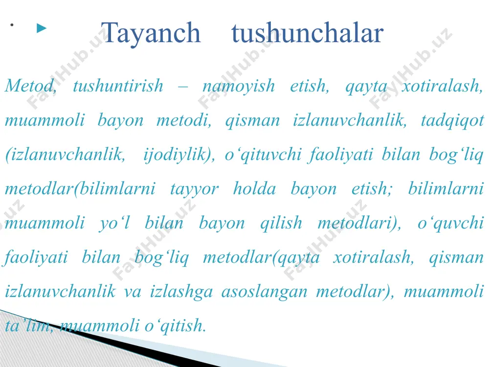 ‘quvchi faoliyati bilan bog‘liq metodlar. o‘qituvchi faoliyati bilan bog‘liq metodlarni: 1. bilimlarni tayyor holda bayon etish; 2. bilimlarni muammoli yo‘l bilan bayon qilish. o‘quvchi faoliyati bilan bog‘liq metodlar, o‘z navbatida, qayta xotiralash, qisman izlanuvchanlik va izlashga asoslangan metodlarga bo‘linadi. . . ona tili darslarida bilimlarni muammoli yo‘l bilan bayon qilish metodi. ma’lumki, izlanishga asoslangan har qanday faoliyat sermahsul faoliyatdir. o‘quvchi til hodisalarini tayyor holda o‘zlashtirmay, uni izlasa, aktiv ijodiy faoliyat ko‘rsatsa, o‘zlashtirish jarayoni ancha samarali bo‘ladi. muammoli ta’lim ana shunday izlanish va ijodiy faoliyat ko‘rsatish uchun yaxshi imkoniyat yaratadi. bu metod shaxs va uning ijtimoiy faolligini har tomonlama rivojlantirish vositasi sifatida xizmat qiladi. “muammoli vaziyat” metodi afzalliklari: afzalliklari: 1. ta’lim oluvchilarda mustaqil fikrlashni shakllantiradi; 2. ta’lim oluvchilar muammoning sabab va echimlarni topadilar; 3. ta’lim oluvchilarning bilimlarini baholash uchun imkoniyat yaratiladi; 4. ta’lim oluvchilar fikr va natijalarni tahlil qilishni o‘rganadilar. kamchiliklari: 1. ta’lim oluvchilarda yuqori motivatsiya talab etiladi; 2. qo‘yilgan muammo …