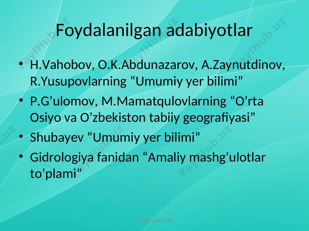 0,0 1000,0 12,8 www.arxiv.uz jadvaldan ko'rinib turibdiki, suv omborlari yuzasidan bo'ladigan o'rtacha yillik bug'lanish miqori undagi suv hajmiga nisbatan 0,6 foizdan (kosonsoy suv ombori) 13 foizgacha (tuyamo'yin suv ombori) o'zgaradi www.arxiv.uz www.arxiv.uz www.arxiv.uz www.arxiv.uz shu narsa ham ma'lumki, tekislikdagi suv omborlari yuzasidan bo'ladigan bug'lanish miqdori tog'lardagiga nisbatan bir muncha katta bo'ladi. tog'lardagi suv omborlarining afzalligi yana quyidagilardan iborat: daryo vodiysi mavjud bo'lgani uchun faqat to'g'on qurish kerak; katta er maydonlarini suv bosmaydi; ularning er osti suvlari sathiga ta'siri tekislikdagi kabi salbiy oqibatlarga olib kelmaydi; energiya olish uchun qulay. www.arxiv.uz www.arxiv.uz suv omborlari barpo etilgach, juda katta miqdordagi suv ularni to'ldirishga sarf bo'ladi. bu esa suv omborlari qurilgan hududning suv zahiralariga ma'lum darajada ta'sir etadi. shuni ham ta'kidlash lozimki, suv omborlarining foydali (boshqarib turiladigan) hajmini to'ldirishga ketadigan sarf vaqtinchali, ya'ni istalgan vaqtda undan foydalanish mumkin bo'lsa, foydasiz hajmini to'ldirishga ketgan suvdan esa bunday foydalanishning imkoniyati yo'q www.arxiv.uz www.arxiv.uz www.arxiv.uz www.arxiv.uz hozirgi …