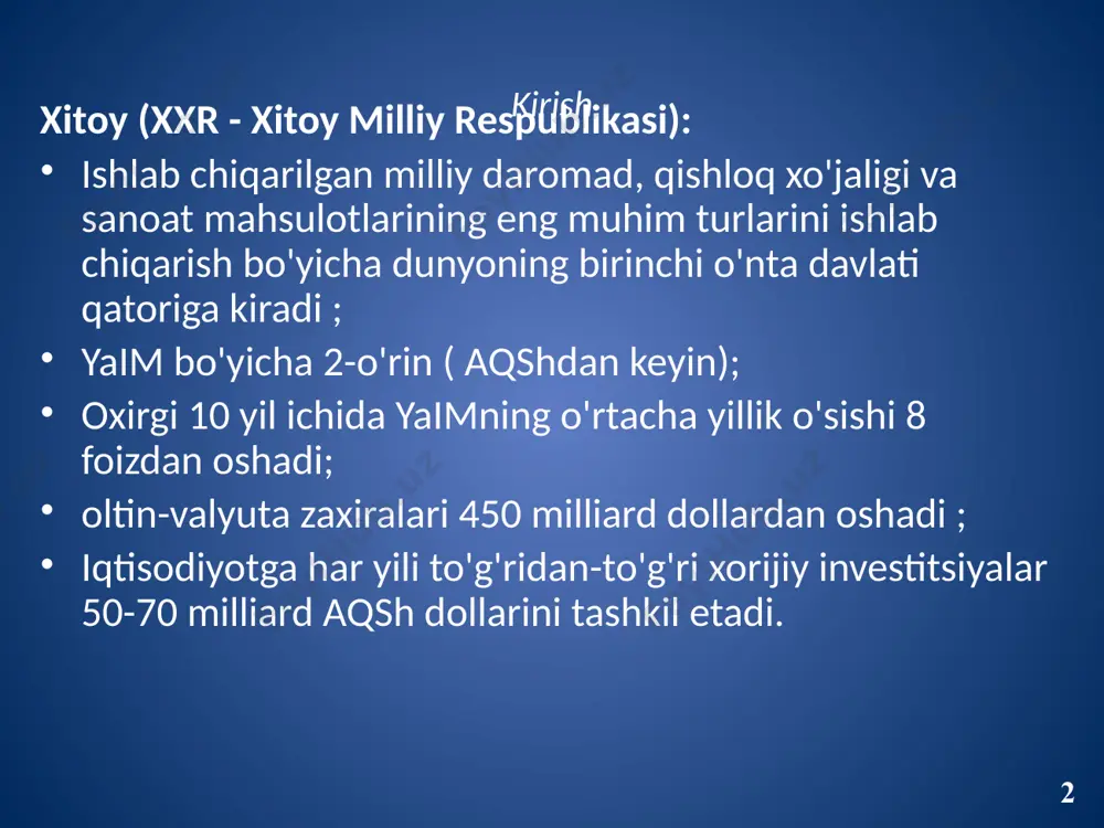 ari, ba'zi hisob-kitoblarga ko'ra, 2012 yil oxirida xitoyda kreditlarning umumiy hajmi yaimning 220 foizini tashkil etdi. shu bilan birga, davlat aktivlari hajmi yalpi ichki mahsulotning 300 foizini tashkil etishi, xitoyning oltin-valyuta zaxiralari esa dunyoda eng katta, taxminan 3,5 trillion dollar bo‘lishi sababli moliyaviy inqiroz xavfi past. 6 aholi jon boshiga yaim (ming $) yaim bo‘yicha eng yirik va eng kichik davlatlar – aqsh va liberiya o‘rtasidagi tafovut 2012-yilda 5863 martani tashkil qilgan. iqtisodiy o'sishning yuqori sur'atlari (1992 yilda 14,2%, 1998 yilda 7,8%) bilan u ekstensiv xarakterga ega. 1995 yilda iqtisodiyotning haddan tashqari qizib ketishidan qo'rqib, rahbariyat o'sishni 8-9% gacha cheklashga qaror qildi. ishlab chiqarishning intensivlashuvi ham nojo'ya ta'sirlarni keltirib chiqarmoqda: qishloq joylarida yashirin ishsizlik darajasi rasmiy ko'rsatkichlardan (4,6%) qariyb ikki baravar yuqori. xitoy yashirincha emigratsiyani rag'batlantirmoqda qashshoqlik darajasi 128 000 000 kishi (kuniga 1 dollardan kam) 7 ishlab chiqarishning tarmoq tarkibi bugungi kunda sanoatning tarmoq tuzilishi mamlakatda 360 dan ortiq …