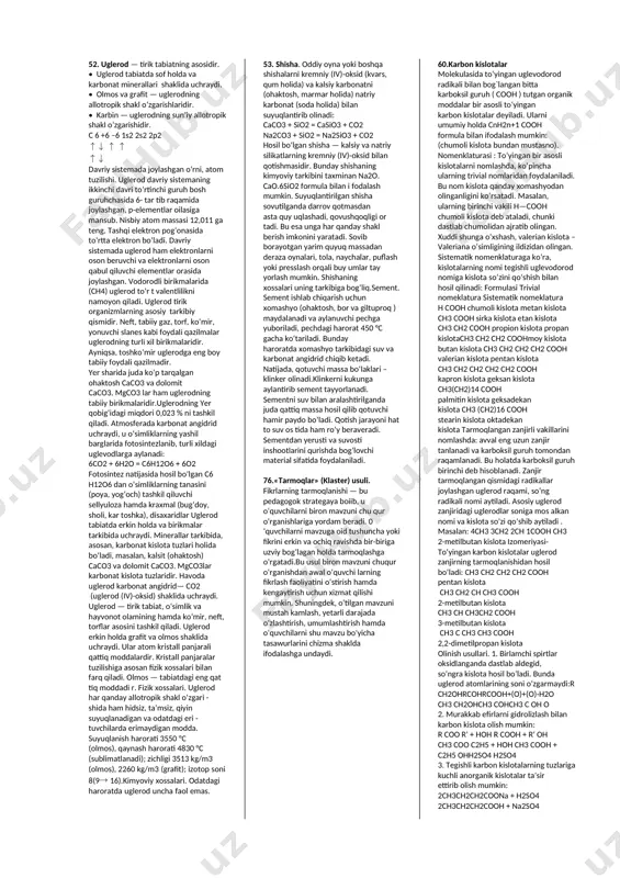 his etish, boshqa metod va usullari tarbiya jihatidan katta rol o'ynaydi 5.kimyo o’qitishda o’quvchilarni rivojlantirish.kimyoni o’itishdа o’quvchilаrning bilim vа dunyoqаrаshini tа’lim-tаrbiya jаrаyonidа rivоjlаntirish, rivоjlаntiruvchi o’qitishning аsоsiy tа’limоtlаri.o’qitishni o’quvchilаrning kuchi dаrаjаsidа yuqоri sаviyadа tаshkil qilish, o’quv mаtеriаlini o’quvchilаrgа tushunаrli dаrаjаdа tеzrоq o’rgаnish, nаzаriy bilim hissаlаrini, ko’pаytirish, tа’limni оngli o’zlаshtirilishini аmаlgа оshirish.rivоjlаntiruvchi o’qitishning psiхоlоgik shаrоitlаri.rivоjlаntiruvchi o’qitishgа shаrоit yarаtuvchi vоsitаlаr. o’zbekiston respublikasining kadrlar tayyorlash sohasidagi davlat siyosati insonni intellektual va ma’naviy-ahloqiy jihatdan tarbiyalash bilan uzviy bog`liq bo’lgan uzluksiz ta’lim tizimi orqali barkamol shaxs – fuqaroni shakllantirishni nazarda tutadi. ushbu vazifalarni hal etish uzluksiz ta’lim tizimida o’qitiladigan barcha o’quv fanlari qatori kimyo fanining ham zimmasiga yuklanadi. barkamol shaxs – fuqaroni shakllantirish vazifasining muvaffaqiyatli hal etilishi avvalo, o’quvchilarda dunyoqarashni shakllantirishni talab etadi.zamonaviy didaktika nuqtai-nazaridan o’quv jarayonining vazifasi nafaqat bilim berish, ko’nikma va malakalarni shakllantirish, balki shaxsga kompleks ta’sir etishdir. ya’ni ta’lim berish tushunchasi ko’pincha daliliy va nazariy bilimlar berishni o’z ichiga oladi. ta’lim berish jarayonida …