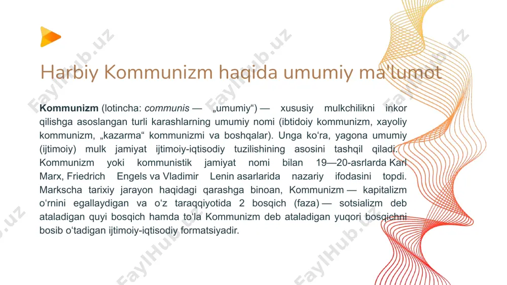 t qilindi. birok, kommunizmning „erkinlik“, „tenglik“ toʻgʻrisidagi shiorlari soxta va asossiz ekanligi maʼlum boʻldi. yo'llar haddan tashqari qattiq va mashhur bo'lmagan va "harbiy kommunizm siyosati" deb nomlangan ushbu tizimning ba'zi elementlari bolsheviklar a. kerenskiyning hukumat siyosati tomonidan olingan. shuningdek, favqulodda savdolar o'tdi va xususiy savdo nonini taqiqlash deyarli kiritildi, ammo holat doimiy ravishda arzon narxlarda buxgalteriya va ish qismini boshqarishda saqlanib qoldi. oktyabr inqilobining g'alabasi bilan yangi hukumat mamlakatda eng jasorat o'zgarishini boshladi. qishloqda qizarib ketgan ko'chki erlarning qo'lga olinishi, dehqonchilikning o'zlari bir-birlariga xosdir. biroq, fuqarolar urushi boshlanishi, shuningdek, moddiy resurslarning ekstremal charchashi hukumat ularning najotiga echim topish muammosiga duch keldi. harbiy kommunizm siyosatining shartlari va sabablari bu jarayon sobiq dehqonlarning qishloqqa qaytib kelgan, ammo harbiy kinoteatrlarda va qurol bilan. shaharda oziq-ovqat mahsulotlari deyarli to'xtadi. dehqon urushi boshlandi. 01 02 03 04 05 butun iqtisodiyotni markazlashtirilgan boshqarish. butun sanoat milliylashtirishning amaliy yakunlanishi. tovar-pul muomalasini cheklash. qishloq xo'jaligi mahsulotlari davlat monopoliyasiga …