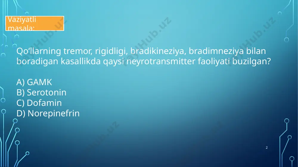 an normalroq harakat qilish imkonini beradi. 8 ishlatilishi: ● parkinsonizm ● medikomentoz psevdoparkinsonizm - antipsixotik ya'ni dofaminoblokatorlar qo'llanilganda haqiqiy parkinsonizm emas balki yolg'on parkinsonizm (parkinsonizmga o'xshash belgilar) namoyon bo‘ladi 9 parkinsonizm: ● parkinsonizmda ,,substantia nigra‘‘ (o‘rta miya) dan chiqadigan dofaminergik to'la nobud bo‘ladi natijada xolinergik (somatik) tola bloklanmay qoladi va tremor holati kuzatiladi ● bunda benzotropin, siklodol qo'llaniladi 10 11 - xolinergik (somatik) neyrondagi m1 va m5 ni bloklaydi - skelet muskulda joylashgan nm ni ham bloklaydi - ❗️benzotropin -> dofaminergik toladan ajralgan dofaminni qayta so‘rilishini bloklaydi ● shu dorilarni qo'llash natijasida ach miqdori tushadi. natijada muskul bo‘shashadi 12 13 ● parkinsonizm kasalligida substantia nigra sohasidan ishlab chiqaruvchi hujayralarning buzilganligi hisobiga muskullarning normada ishlamasligi, sekin qisqarishi hamda rigidligi buzilishi kabi alomatlar kelib chiqadi vaziyatli masala javobi: 14 image4.png image5.png image6.png image7.png image8.png image9.png image10.png image11.png image12.png image13.png image14.png image15.png image16.png image17.jpeg image2.png /docprops/thumbnail.jpeg