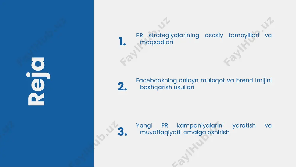 strategiyalarini rivojlantirish imkonini beradi. facebook brend va auditoriya bilan aloqani o'lchash bunda muhim. o'lchov usullari va ko'rsatkichlar analitik vositalar, miqdoriy va sifatli metrikalar, facebook insights va google analytics kabi platformalarni o'z ichiga oladi. bu orqali natijalar baholanadi. facebook pr strategiyalarining muvaffaqiyatini baholash uchun kampaniya maqsadlari, auditoriya reaktsiyalari, brend qabul qilinishi va investitsiya qaytimi (roi) tahlil qilinadi. pr strategiyalarini yangilash pr strategiyalarini yangilash muhim, chunki bozor va auditoriya talablarining o'zgarishi bilan moslashish zarur. zamonaviy texnologiyalar va ijtimoiy media platformalari yangilashni tezlashtiradi. yangilashda, kompaniyaning hozirgi holati va maqsadlariga mos keladigan strategiyalarni tanlash muhim. auditoriya ehtiyojlari, raqobat muhitini tahlil qilish va yangi imkoniyatlar asosiy omillardir. facebookda pr strategiyalarini yangilash uchun yangi kontent formatlarini qo'llash, interaktivlikni oshirish va reklama kampaniyalarini optimallashtirish muhim. masalan, live sessiyalar va hikoyalar orqali aloqa. strategiyani yangilashda natijalarni o'lchash va tahlil qilish uchun yangi indikatorlar va maqsadlar belgilash zarur. bu strategiyaning samaradorligini baholash uchun muhimdir. 1 2 3 4 facebookda …