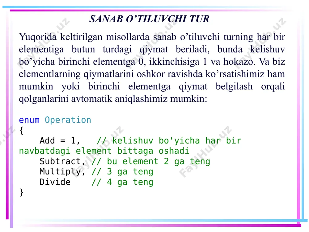 r static void main(string[] args) { // amalning turi operation.add o’zgarmasi yordamida o'rnatiladi, va u 1 ga teng mathop(10, 5, operation.add); // amalning turi operation.multiply o’zgarmasi yordamida o'rnatiladi, va u 3 ga teng mathop(11, 5, operation.multiply); console.readline(); } bu erda bizda arifmetik amallarni ifodalovchi operation enum mavjud. shuningdek, mathop metodi aniqlangan bo'lib, u parametr sifatida ikkita sonni va operatsiya turini oladi. main metodida biz mathop protsedurasini ikkita raqam va operatsiya turi parameter sifatida berib, ikki marta chaqiramiz. kortejlar kortejlar c# ning 7.0 versiyasidan boshlab qo'shilgan bo’lib, qiymatlar to'plami bilan ishlashda qulaylik yaratadi. kortej qavs ichiga olingan qiymatlar to'plamini ifodalaydi: var tuple = (5, 10); bu yerda, ikkita 5 va 10 qiymatga ega bo'lgan tuple korteji aniqlangan. keyinchalik ushbu qiymatlarning har biriga item[kortej_maydoni_tartib_raqami] nomi orqali murojaat qilish mumkin. kortejlar masalan: static void main(string[] args) { var tuple = (5, 10); console.writeline(tuple.item1); // 5 console.writeline(tuple.item2); // 10 tuple.item1 += 26; console.writeline(tuple.item1); // …