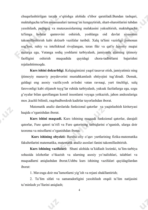 berilgan qator ham ta`rifga asosan nuqtada yaqinlashuvchi va nuqtada uzoqlashuvchi ekan. 3-ta`rif: berilgan (1.1) qatorning yaqinlashish nuqtalari to`plamiga qator-ning yaqinlashish sohasi deyiladi. (1.1)- funksional qator uchun xususiy yig`indilar ketma–ketligini tuzish mumkin: bunda (1.1) funksional qator yaqinlashish sohasining har bir x nuqtasida qatorning yig`indisi da xususiy yig`indisi ketma – ketlikning limitiga teng bo`ladi: (1.3) 4 –ta`rif: (1.4) qatorning (1.5) qismiga (1.1) qatorning – qoldig`i deyiladi. agar qoldiq had yig`indilarini bilan belgilasak, ya`ni (1.6) o`rinli bo`lib, da bo`ladi. (1.1) ning yaqinla shish sohasi (1.6) ning ham yaqinlashish sohasi bo`ladi. (1.6) tenglikdan quyidagi tenglikni hosil qilamiz: (1.7) bunda absolyut xatodan iborat bo`lib, o`rinli bo`ladi. veyershtrass alomati. aytaylik e to’plamda (1.8) funksional qator berilgan bo’lib, 1) , da . 2) sonli qator yaqinlashuvchi bo’lsin. u holda (1.8) funksional qator e to’plamda tekis yaqinlashuvchi bo’ladi. dirixle alomati. aytaylik to’lamda aniqlangan va funksiyalar quydagi shartlarni bajarsin: 1) da ketma-ketlik manoton; 2) funksional ketma-ketlik e da 0 …