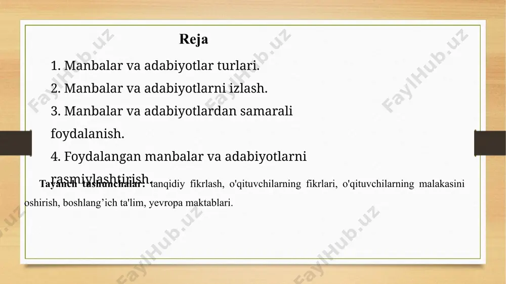 dik adabiyot, dissertatsiyalar, avtoreferatlar, ilmiy-metodik adabiyot, o’quv uslubiy adabiyot degan turlarga ajratish o’rinlidir. ilmiy-metodik adabiyotlarni o‘rganish va konspektlash jarayoni mavzu tanlash jarayonida olib boriladi va ilmiy metodik adabiyotlarni tanlash asosida ilmiy ish mavzusi ham mukammallashib boradi. ilmiy-metodik adabiyotlardan ilmiy tadqiqotda foydalanish me'yori bo’lishi maqsadga muvofiq. aks holda yozilgan ish boshqa adabiyotlardan ko’chirilgan konspektning o’zi bo’lib qoladi, ya’ni me’yoriylik buziladi. bunday adabiyotlar tadqiqotchining fikrini asoslash maqsadida keltirilishi, unga havolalar berilishi maqsadga muvofiqdir. bir sahifada ikkita-uchtadan ortiq havola berish me’yoriylikni buzish hisoblanadi. shu o’rinda bir necha sahifada qatorlashtirib misollarni berish ham me’yoriylikning qo’pol buzilishi sanaladi. chunki har bir misol yoki dalillar berildimi, albatta, uni tahlilga tortish lozim bo’ladi. ya’ni ilmiy ishdagi fikrlar bu adabiyotlar vositasida kuchaytiriladi, yangidan tahlil etiladi, yangidan asoslanib beriladi.shunda ilmiy-metodik adabiyotlarning ishda berilishi o’rinli bo’ladi. ilmiy-metodik adabiyotlarni o‘rganish va konspektlash jarayoni ancha murakkab jarayonlardan biri bo’lib, agar shu jarayon ilmiy ish mavzusiga mo’ljallab to’g’ri tashkil qilinsa, bunday tadqiqotchilarning ilmiy …
