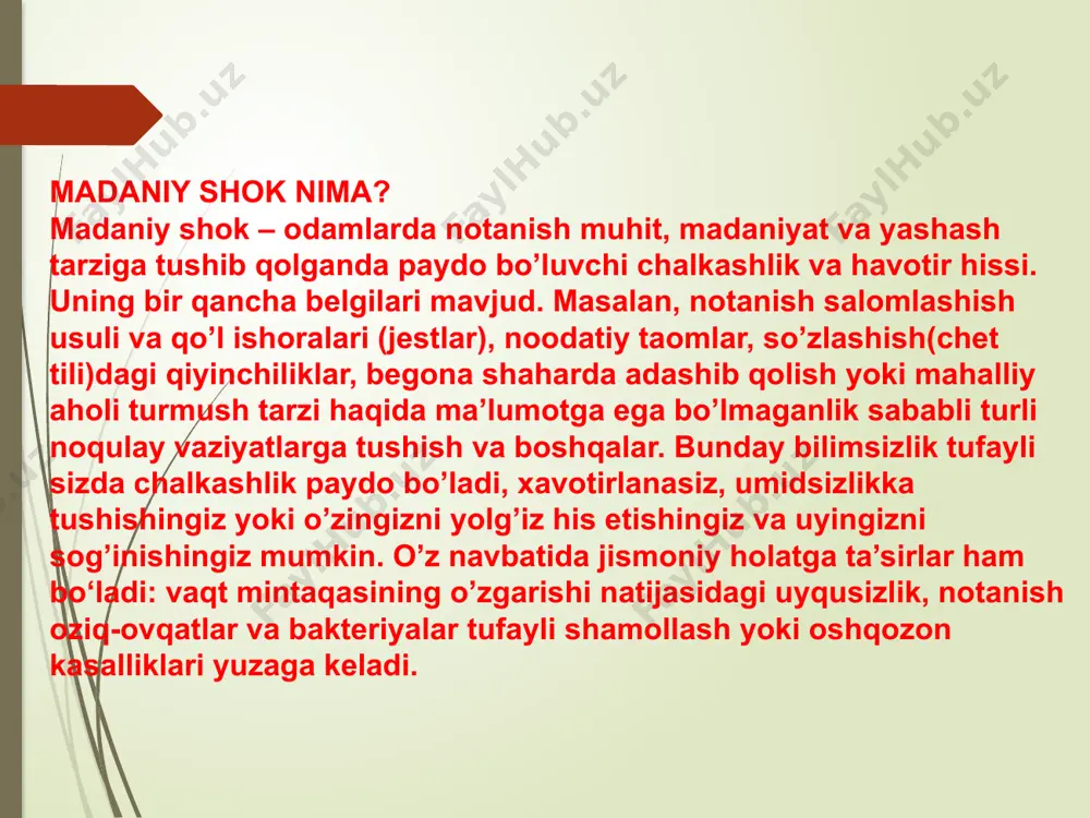 tni qamrab oladi. ishtiyoq sekin-asta susayib borishi bilan siz yuzlashadigan qiyinchiliklar va noqulay vaziyatlar davomiy ravishda sizda qayg‘u va yolg’izlik hissini uyg’otadi. eng oddiy narsalar ham sizni quyishqondan chiqarishni boshlaydi. notanish yo’l belgilari tufayli uyga qaytish yo’lini unutib qo’yishingiz, restoranda nimani yoki qanday buyurtma berishni tushunmay qolishingiz mumkin. bunday holatlarda do’stlaringiz, oilangiz va umuman oldingi hayotingizni sog’inishni boshlaysiz. bular o’z navbatida jismoniy holatingizga tez-tez ta’sirini ko’rsatadi va kichik betobliklarni boshdan kechirasiz. mahalliy aholi haqidagi “ular do’stona” kabi balandparvoz fikrlaringizni endi ularga nisbatan tushunmovchilik, norozilik, qayg’u va hatto g’azab tuyg’ulari bosib keta boshlaydi. 6 3. ko’nikish yaxshiyam-ki, yuqoridagi tuyg’ular sozlanish bosqichiga kelib tugaydi, odatda u “yangi” hayotingizning 6 yoki 12-oyiga to’g’ri keladi. bu davrda yashash tarzi asta-sekinlik bilan bir maromga tushadi va hayotiy ko’nikmalar shakllanishni boshlaydi. o’z holatingizni aniqroq anglay boshlaysiz, mahalliy aholining yashash tarzi, oziq-ovqatlari va urf-odatlari bilan yana-da yaqinroq tanishasiz. bu paytgacha siz mahalliy madaniyatni yaxshiroq tushunishga va moslashishga …