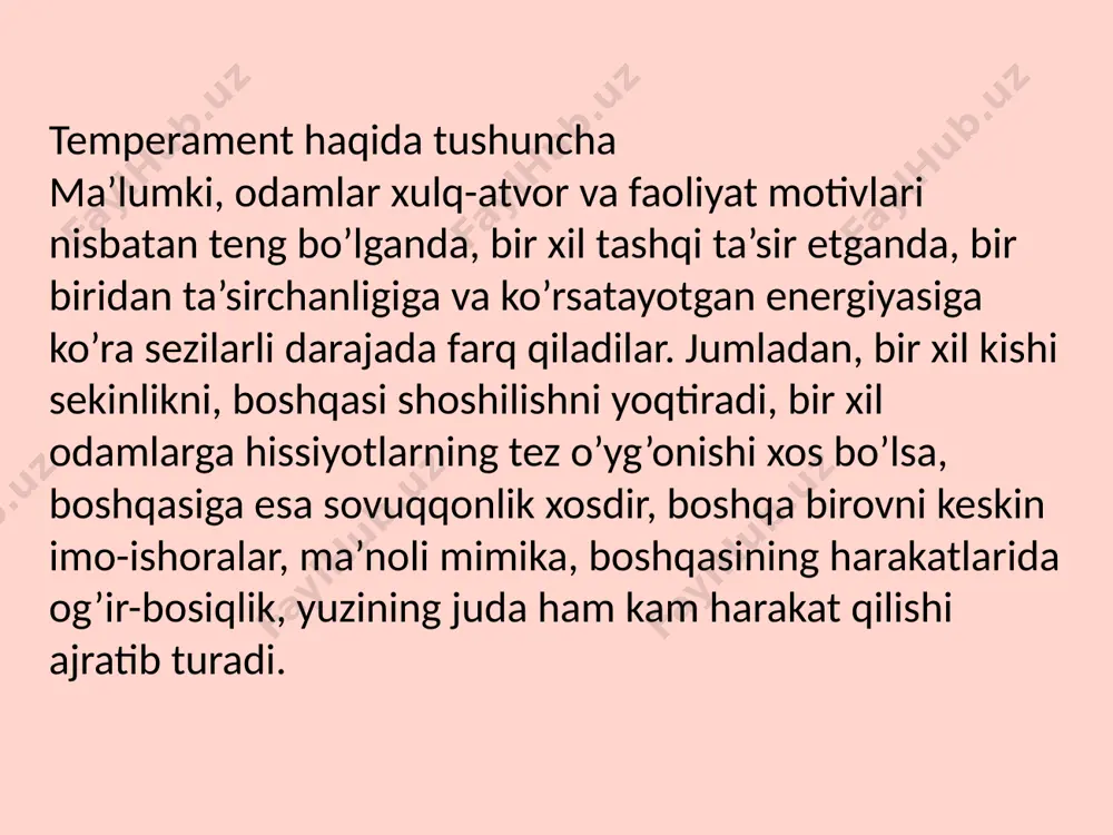 sdir. 3. temperament xususiyatlari bir-biri bilan tasodifiy emas, balki qonuniy bog’langan bo’lib ma’lum tuzilishni tashkil qiladi. temperament lotincha - temperamentum - qismlarning nisbati degan ma’noni anglatadi. qadimda kishidagi tuyg’ular va harakatlarning xususiyatlari uning tanasidagi "sharbatlarning" (suyuqliklarning) miqdoriga, ularning nisbatiga bog’liq deb hisoblanar edi. bularning aralashmasi temperamentdir. temperament haqidagi ta’limot dastlab qadimgi (bizning eramizdan oldingi 460—356yillarda yashagan) grek olimi gippokrat tomonidan yaratilgan. uning ta’limotiga muvofiq sur’atda, keyinchalik «temperament» termini ham ishlatiladigan bo’ldi, shuningdek, hamma to’rt tip temperament nomlari o’rnashib qoldi. jinsiy dimorfizm - bu bir xil turdagi organizmlarning erkak va urgʻochi jinslari orasidagi koʻpayishda bevosita ishtirok etmaydigan (yaʼni jinsiy aʼzolardan tashqari) farqlari yigʻindisi. jinsiy dimorfizm hayvonlardan tashqari va ba'zi o'simliklarda ham uchraydi. farqlar ikkilamchi jinsiy xususiyatlar, oʻlcham, vazn, rang, belgilar yoki xatti-harakatlar yoki kognitiv xususiyatlarni oʻz ichiga olishi mumkin. dimorfizmning keng tarqalgan va oson aniqlanadigan turi ranglar dimorfizmi hisoblanadi. ma'lum bir tur ichidagi jinslarning rangidagi farq jinsiy dikromatizm deb ataladi, bu …