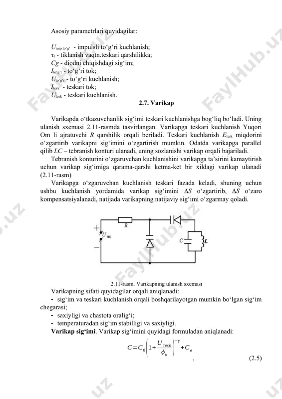 apga teskari kuchlanish yuqori om li ajratuvchi r qarshilik orqali beriladi. teskari kuchlanish etesk miqdorini o‘zgartirib varikapni sig‘imini o‘zgartirish mumkin. odatda varikapga parallel qilib lc – tebranish konturi ulanadi, uning sozlanishi varikap orqali bajariladi. tebranish konturini o‘zgaruvchan kuchlanishini varikapga ta’sirini kamaytirish uchun varikap sig‘imiga qarama-qarshi ketma-ket bir xildagi varikap ulanadi (2.11-rasm) varikapga o‘zgaruvchan kuchlanish teskari fazada keladi, shuning uchun ushbu kuchlanish yordamida varikap sig‘imini s o‘zgartirib, s o‘zaro kompensatsiyalanadi, natijada varikapning natijaviy sig‘imi o‘zgarmay qoladi. 2.11-rasm. varikapning ulanish sxemasi varikapning sifati quyidagilar orqali aniqlanadi: · sig‘im va teskari kuchlanish orqali boshqarilayotgan mumkin bo‘lgan sig‘im chegarasi; · saxiyligi va chastota oralig‘i; · temperaturadan sig‘im stabilligi va saxiyligi. varikap sig‘imi. varikap sig‘imini quyidagi formuladan aniqlanadi: , (2.5) bu erda sv – varikap elektrodlari va uchlari orasidagi, berilgan kuchlanishga bog‘liq bo‘lmagan, sig‘imi. boshlang‘ich sig‘imi s0 quyidagi formuladan aniqlanadi: . boshlang‘ich sig‘imi varikap o‘tish maydoni p ga va diod bazasining qo‘shimchasi konsentratsiyasiga nd bog‘liq …