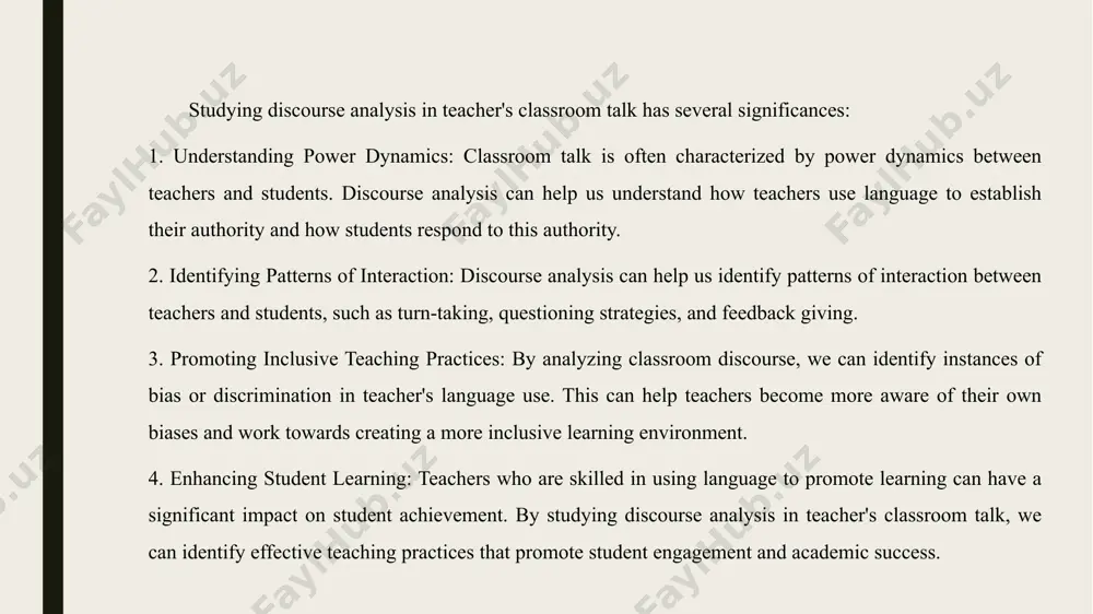 listening skills. it also provides opportunities for learners to practice speaking by engaging in discussions about texts they have analyzed. 3. enhancing critical thinking: discourse analysis encourages learners to think critically about the messages that are conveyed through language. by analyzing examples of persuasive language or identifying bias in news articles, learners can become more thoughtful consumers of information. 4. building cultural awareness: discourse analysis activities often involve examining texts from different cultures or social groups. this can help learners develop an understanding of cultural norms and values, as well as improving their ability to communicate with people from diverse backgrounds. conclusion in conclusion, this study has explored classroom interaction practices in english as foreign language based on experienced teachers’ perspectives. from the data, it can be summed up that interaction is central in language learning. in the other words, interaction is what language learning is all about. language learning …