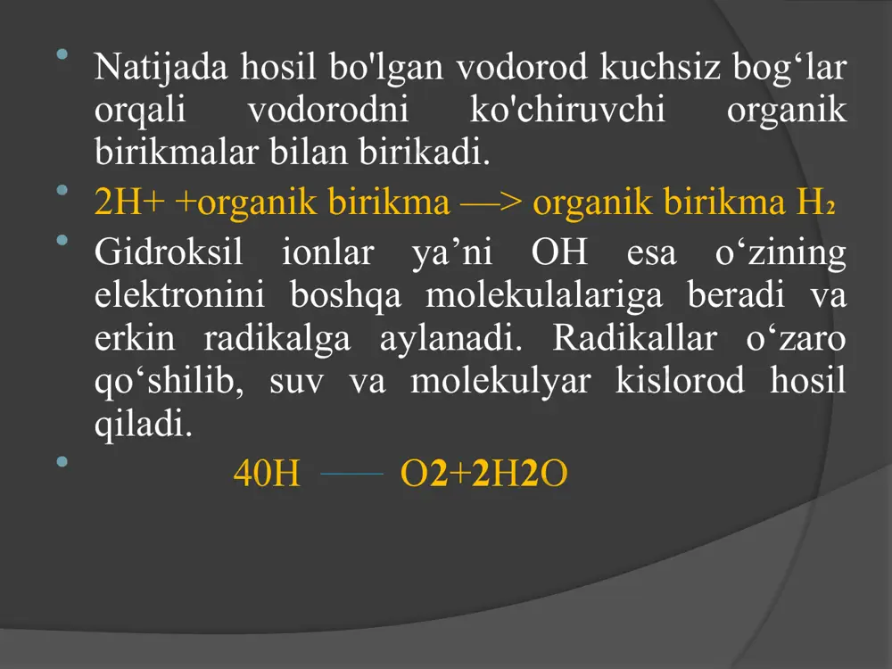 qsiz yoki kislorodsiz parchalanish bo‘lib, hujayra sitoplazmasida amalga oshiriladi. u anaerob nafas olish (glikoliz) yoki achish deb ham yuritiladi. «achish» atamasi odatda o‘simlik yoki mikroorganizmlarning hujayralarida kechadigan jarayonlarga nisbatan qo‘laniladi. bu bosqichda moddalaming fermentlar ishtirokida parchalanishi yana davom etadi. masalan, mushaklarda anaerob nafas olish tufayli glyukoza molekulasi 2 molekula sut kislotasigacha parchalanadi. glyukozaning parchalanish reaksiyalarida fosfat kislota va adf ishtirok etib, ulardan parchalanish natijasida ajralgan energiya hisobiga atf molekulalari hosil bo‘ladi. achitqi zamburug‘larida glyukoza molekulasi kilorodsiz sharoitda etil spirti va karbonat angidridgacha parchalanadi. bu jarayon: spirtli achish deb yuritiladi. boshqa mikroorganizmlarda glikoliz jarayoni aseton, asetat kislota va boshqalarni hosil qilish bilan tugaydi. barcha hollarda glikoliz reaksiyalari bir molekula glyukozaning parchalanishi 2 molekula atf ni hosil qilish bilan boradi. glyukozaning kislorodsiz sharoitda sut kislotagacha parchalanishi tufayli ajralib chiqayotgan energiyaning 40% i atf tarkibida to‘planadi, qolgani esa issiqlik energiyasi sifatida tarqalib ketadi. energiya almashinuvining uchinchi bosqichi — aerob nafas olish yoki kislorodli …