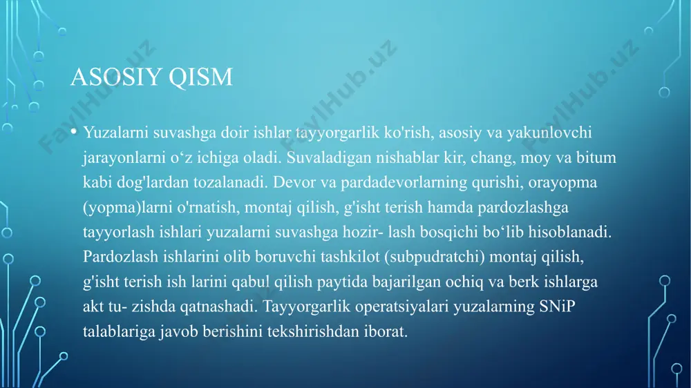 ilan antiseptik eritmalar va ularning vazifasi 2. gruntlash va maxsus himoya qoplamalar surtish maxsus gruntlash materialini surtish 2-4 soat quritish yuzalarni bir xil bo’lishiga e’tibor berish material turi xususiyati quritish vaqti pvac grunt suvoq yopishishini yaxshilaydi 2-4 soat lateks grunt chirishdan himoya qiladi 3-5 soat gruntlash materiallari gruntlash bosqichlari 1 2 3 yog‘ochni tozalash gruntlash qatlami surish quritish 3. mustahkamlovchi elementlar (setka, latta) ishlatish metall setka yoki latta ishlatish mix yoki vintlar bilan mahkamlash suvoq qatlamini yaxshi yopishi uchun kerak material foydasi antiseptik suyuqlik mog‘or va chirishga qarshi himoya gruntlash materiali suvoqning yaxshi yopishishini ta’minlaydi metall setka suvoqning mustahkam yopishishini ta’minlaydi sementli suvoq qorishmalari chidamli qoplama hosil qiladi shpatel, maxsus cho‘tka suvoq surtish va tekislash uchun 4. ishlatiladigan materiallar va vositalar ishlatiladigan materiallar gruntlash materiallari metall to‘r va yog‘och yuzalar suvoq surtish vositalari xulosa yog‘och yuzalarni suvoq qilishda to‘g‘ri tayyorlash bosqichlari zarur, antiseptik va gruntlash ishlari suvoqning uzoq muddat xizmat …