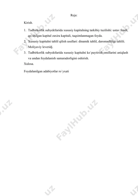 onini beradi. ma`lumki faoliyatni olib boorish uchun zarur bo`lgan mablag` ikki yo`l orqali shakllantiriladi: · o`z mablag`lari hisobiga · qarz mablag`lari evaziga bu mablag`larni shakllantirish davomida firma oldida ularni qay yo`sinda taqsimlash va ko`payish bilan bog`liq masalalar turadi. firma faoliyatining zamini bo`lgan mablag`larning shakllanishi uni yuritish jarayonida kata ro`l o`ynaydi. shu jumladan mablag`larni shakllantirishning asosiy manbasi hisoblangan o`z mablag`laridan samarali foydalanish zarurati yuzaga keladi. bunday zaruratni taminlash va samaradorlikni oshirish maqsadida firmaning faoliyati turli usullarda tahlil etiladi va kerakli xulosalar chiqarilib amaliyotga tadbiq etiladi. bu esa, o`z navbatida tadbirkorlik subyektiga raqobatga chiqamli ish faoliyatini olib boorish va sof foyda miqdorini maksimallashtirish, shu bilan birgalikda olingan foydadan optimal ravishda foydalanish imkonini yaratadi. tadbirkorlik subyektlarida xususiy kapitalning tarkibiy tuzilishi: ustav fondi, qo`shilgan kapital zaxira kapitali, taqsimlanmagan foyda. sof raqobat va bozor iqtisodiyoti sharoitida har qanday korxona, o`z faoliyatidan qatiy nazar, hoh ishlab chiqarish bilan shug`ullansin, hoh hismat ko`rsatish bilan faoliyat olib borsin, …