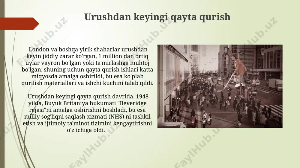 maqsadga faqat 1960-yillar oxirida erishildi, bu esa o'sha davrning iqtisodiy qiyinchiliklarini aks ettirdi. urushdan keyingi davrda britaniyaning shimoliy shaharlarida, masalan, liverpul va manchesterda, bombardmon qilish natijasida vayron bo'lgan 150 mingdan ortiq uy-joylarni tiklash uchun katta mablag'lar sarflandi. e'tiboringiz uchun rahmat @taqdimot_robot image1.jpg image2.jpg image3.jpg image4.jpg image5.jpg image6.jpg image7.jpg image8.jpg image9.jpg image10.jpg image11.jpg image12.jpg image13.jpg image14.jpg image15.jpg image16.jpg image17.jpg