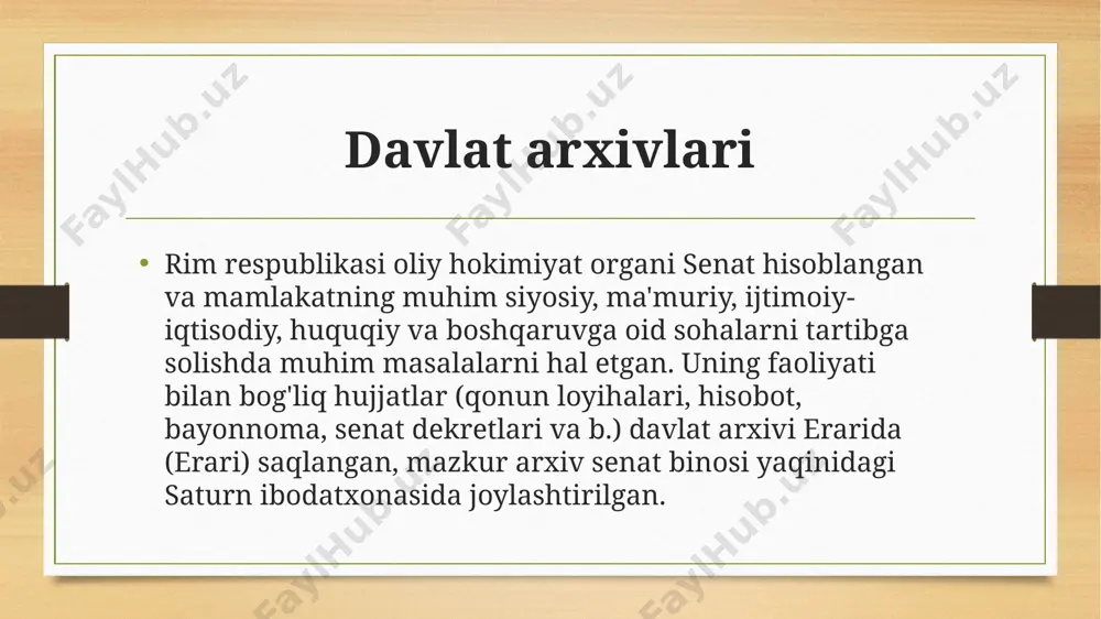 rning xususiy arxivlari qadimgi rimda fuqarolarning xususiy oila arxivlari keng tarqalgan. yer -mulkka egalik qilish va tasarruf etish huquqini tasdiqlovchi qimmatli hujjatlar, xoʻjalikni yuritish bilan bog'liq xoʻjalik-moliyaviy qog'ozlari, oila a'zolariga tegishli rasmiy hujjatlar va h.k. manbalar fuqarolar tomonidan saqlab kelingan va ularning shaxsiy arxivlarini tashkil qilgan. rim imperiyasida yerga shartli ravishda egalik qilish shakli - prekariy keng tarqal-gan. kasodga uchrab, yersiz qolgan dehqonlar soliq to'lash shar-ti bilan zodagonlardan yer olganlar. prekariy maxsus guvohno-ma-hujjat, yorliq, tilsatlar bilan rasmiylashtirilgan va bunday hujjatlar ham oila arxivida saqlangan. tadbirkorlik arxivlari. qadimgi rimda faoliyat yuritgan tadbirkorlar arxivlarida asosan yer maydonlari hamda konlarni ijaraga berish bo'yicha hujjatlar saqlangan. ijaraga oluvchi shaxs ishlab chiqarilgan mahsulot egasi sifatida foydaning ma'lum qismini davlat g'az-nasiga hamda ijara to'lovlariga to'lagan. ijara shartnomasi, qayd etish bo'yicha qog'ozlar, to'lovlar haqidagi yozuvlar ham mazkur arxivlarda salmoqli o'rinni egallagan. hunarmandlar texnika arxivlari. qadimgi rimda hunarmandlarning texnika arxivlari tar-mog'i birmuncha rivoj topgan. hunarmandchilikda ayniqsa metallga ishlov …