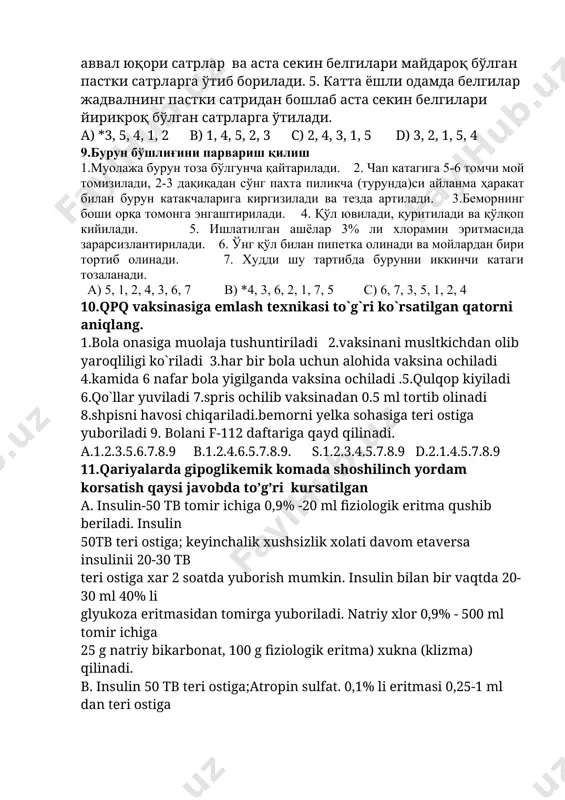 k eritma) xukna (klizma) qilinadi. b. insulin 50 tb teri ostiga;atropin sulfat. 0,1% li eritmasi 0,25-1 ml dan teri ostiga inyeksiya qilinadi. analgin 50% -2 ml muskullar orasiga .papaverin gidroxlorid 2%-1-2 ml muskullar orasiga platifillin gidrotartrat 0,2% li eritmasi 1 -2 ml dan teri ostiga yuboriladi. no-shpa 2.0 tomir ichiga yuboriladi c . tinchlik.. dibazol. 1% li 4-6-10 ml tomir ichiga yuboriladi yoki 5 ml eritmasi muskul orasiga yuboriladi. aminazin. 2,5% li eritmasi 1-5 ml dan muskullar orasiga inyeksiya qilinadi. platifillin gidrotartrat 0,2% li eritmasi 1 -2 ml dan teri ostiga yuboriladi insulin 50 tb teri ostiga; keyinchalik xushsizlik xolati davom etaversa insulinii 20-30 tb teri ostiga xar 2 soatda yuborish mumkin. d.* agar bemorning xushi joyida bo’lsa, o’nga 50-100 g non va 1-2 chakmok qand beriladi yoqi bir stakan shirin choy beriladi. bexush xolatdagi bemorga 50 ml 40% li glyukoza eritmasidan tomir ichiga yuboriladi, agar u xushiga kelmasa. 5-10 …