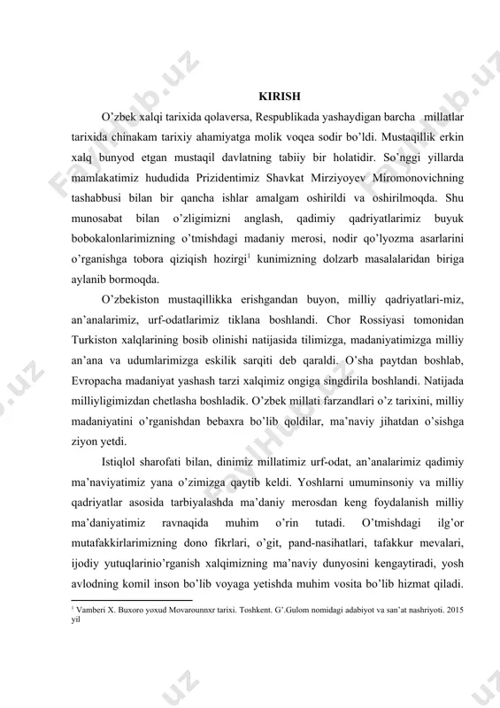 ri-miz, an’analarimiz, urf-odatlarimiz tiklana boshlandi. chor rossiyasi tomonidan turkiston xalqlarining bosib olinishi natijasida tilimizga, madaniyatimizga milliy an’ana va udumlarimizga eskilik sarqiti deb qaraldi. o’sha paytdan boshlab, evropacha madaniyat yashash tarzi xalqimiz ongiga singdirila boshlandi. natijada milliyligimizdan chetlasha boshladik. o’zbek millati farzandlari o’z tarixini, milliy madaniyatini o’rganishdan bebaxra bo’lib qoldilar, ma’naviy jihatdan o’sishga ziyon yetdi. istiqlol sharofati bilan, dinimiz millatimiz urf-odat, an’analarimiz qadimiy ma’naviyatimiz yana o’zimizga qaytib keldi. yoshlarni umuminsoniy va milliy qadriyatlar asosida tarbiyalashda ma’daniy merosdan keng foydalanish milliy ma’daniyatimiz ravnaqida muhim o’rin tutadi. o’tmishdagi ilg’or mutafakkirlarimizning dono fikrlari, o’git, pand-nasihatlari, tafakkur mevalari, ijodiy yutuqlarinio’rganish xalqimizning ma’naviy dunyosini kengaytiradi, yosh avlodning komil inson bo’lib voyaga yetishda muhim vosita bo’lib hizmat qiladi. shunday ekan, biz ularni ilmiy va amaliy jihatdan chuqur o’rganmog’imiz, ilgari surilgan g’oyalarni anglab yetmog’imiz va yosh avlod ongiga singdirmog’imiz lozim. shu maqsadda biz, xi asrda yashab o’tgan va o’zining ahloqiy qarashlarini, o’gitlari, pand-nasihatlarini meros qilib qoldirgan, eron va …