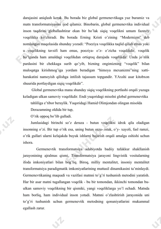 rinchi so’z deraza - butun voqelikni idrok qila oladigan insonning o’zi. bir tup o’rik esa, uning butun orzu- istak, o’y- xayoli, fasl ramzi, o’rik gullari ularni kelajakda buyuk ishlarni bajarish orqali amalga oshishi uchun ishora. germenevtik transformatsiya adabiyotda badiiy tafakkur shakllanish jarayonining ajralmas qismi. transformatsiya jarayoni lingvistik vositalarning ifoda imkoniyatlari bilan bog’liq. biroq, milliy mentalitet, insoniy mentalitet transformatsiya paradigmatik imkoniyatlarining muttasil dinamikasini ta’minlaydi. germenevtikaning maqsadi va vazifasi matnni to’g’ri tushunish metodini yaratish. har bir asar matni tugallangan voqelik - bu bir tomondan, ikkinchi tomondan bu- ulkan samoviy voqelikning bir qismiki, yangi voqeliklarga yo’l ochadi. matnda ham borliq, ham individual inson yotadi. matnni o’zlashtirish jarayonida uni to’g’ri tushunish uchun germenevtik metodning qonuniyatlarini mukammal egallash zarur. so’z gapda so’zligini yo’qotadi, binobarin, har bir asar, matn o’ziga xos dunyo. dvigatel o’zining ichki qonunlari bilan yashagani kabi matn ham o’z arxitektonikasi orqali borlig’ini namoyon qiladi. asarning tugallangan matnida har bir so’z, har bir belgi …