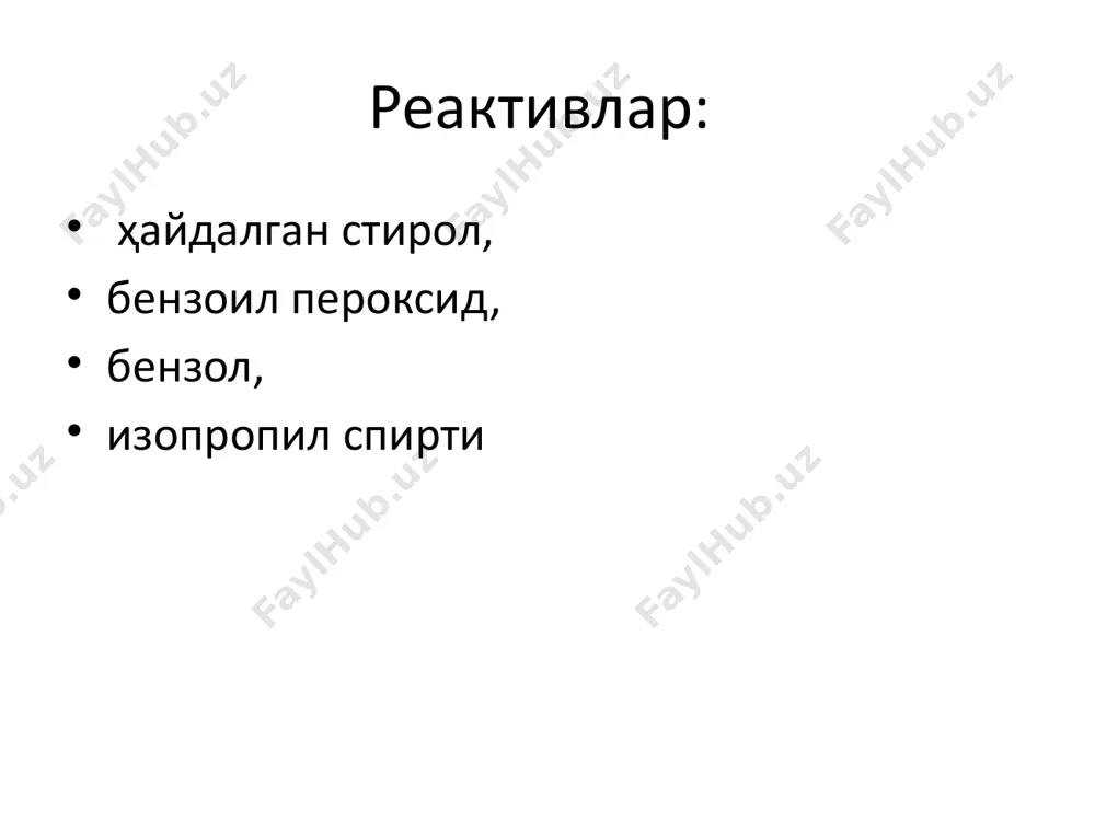10 мин 15 15 гр 1% 20 мин 20 15 гр 1% 30 мин 25 15 гр 1% 40 мин 30 полимер унумини рефрактометр ёрдамида топиш эритманинг синдириш кўрсаткичини полимерланиш билан ўзгаришига асосланган, чунки мономер ва полимер учун нур синдириш кўрсаткичи ҳар хил. синдириш кўрсаткич билан полимер унуми орасидаги боғланиш жадвалда келтирилган. ҳисобот реакция тезлигини молъ/л.сек.; да 1 ишдаги каби ҳисобланади. олинган натижалардан фойдаланиб lgv/ lg|i] координаталарида график чизилиб, ҳосил бўлган тўғри чизиқнинг tgα дан реакциянинг инициатор бўйича тартиби топилади (lgv = igk + nlg). image1.png image2.png /docprops/thumbnail.jpeg