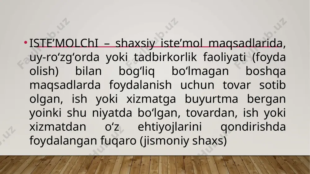 arini taʼmirlashdan; pudrat shartnomasidan (maishiy pudrat, qurilish ishlari pudrati, loyhalash va qidiruv ishlari pudrati); prokat shartnomasidan; yoʻlovchi, bagaj va yuk tashish shartnomasidan; vositachilik shartnomasidan; omonat saqlash shartnomasidan; isteʼmolchi-fuqarolarning shaxsiy ehtiyojlarini qondirishga qaratilgan, moliyaviy xizmatlar koʻrsatishga oid shartnomalardan, jumladan fuqarolarga shaxsiy ehtiyojlari uchun kreditlar berish, bank omonati shartnomasidan, mijoz-fuqarolarning hisob raqamini ochish va yuritish, mijozning tegishli koʻrsatmasiga asosan hisob-kitoblarni amalga oshirish, fuqarolarning qimmatli qogʻozlari va boshqa boyliklarini qabul qilish va ularni saqlash bilan bogʻliq xizmatlar koʻrsatish, ularga turli maslahat xizmatlarini koʻrsatishdan; xaq evaziga xizmat koʻrsatish (aloqa xizmati, tibbiyot, veterinariya, maslahat, axborot xizmatlari, taʼlim berish, sayyohlik xizmati va boshqalar) shartnomalaridan va shunga oʻxshash foyda olish bilan bogʻliq boʻlmagan, fuqarolarning shaxsiy ehtiyojni qondirishga qaratilgan boshqa shartnomalardan kelib chiqadi. isteʼmolchilar huquqlarini himoya qilish toʻgʻrisidagi qonun hujjatlari bilan tartibga solinadigan munosabatlar ишлаб чиқарувчи fuqaro oldi-sotdi shartnomalarida sotib oluvchi sifatida ishtirok etadi. oldi-sotdi shartnomalari ikki turga, yaʼni chakana va ulgurji oldi-sotdi shartnomalariga boʻlinadi. fuqaro isteʼmolchi sifatida …